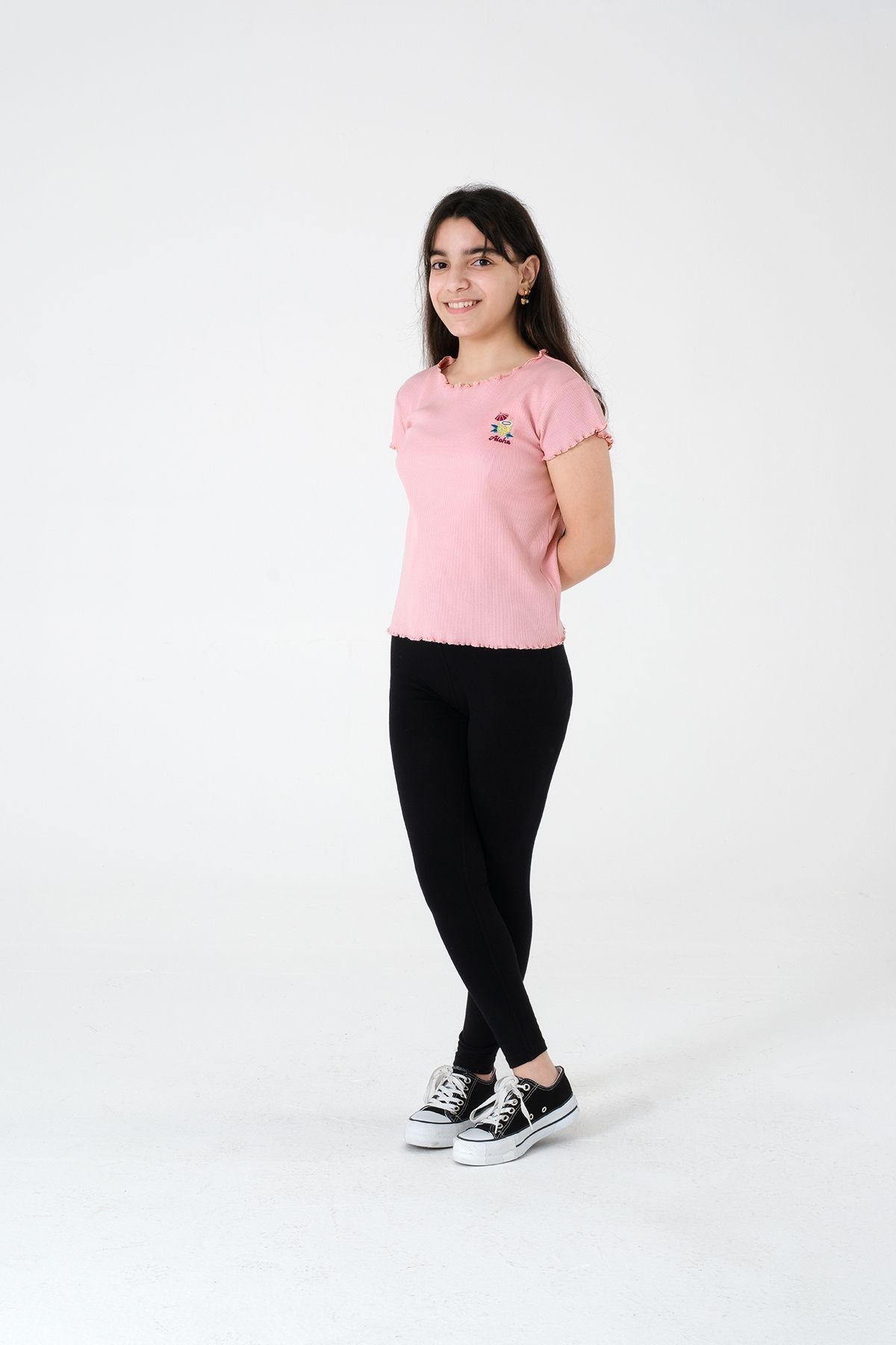 Kız Çocuk Çiçek İşlemeli Pembe Kısa Kollu Bluz