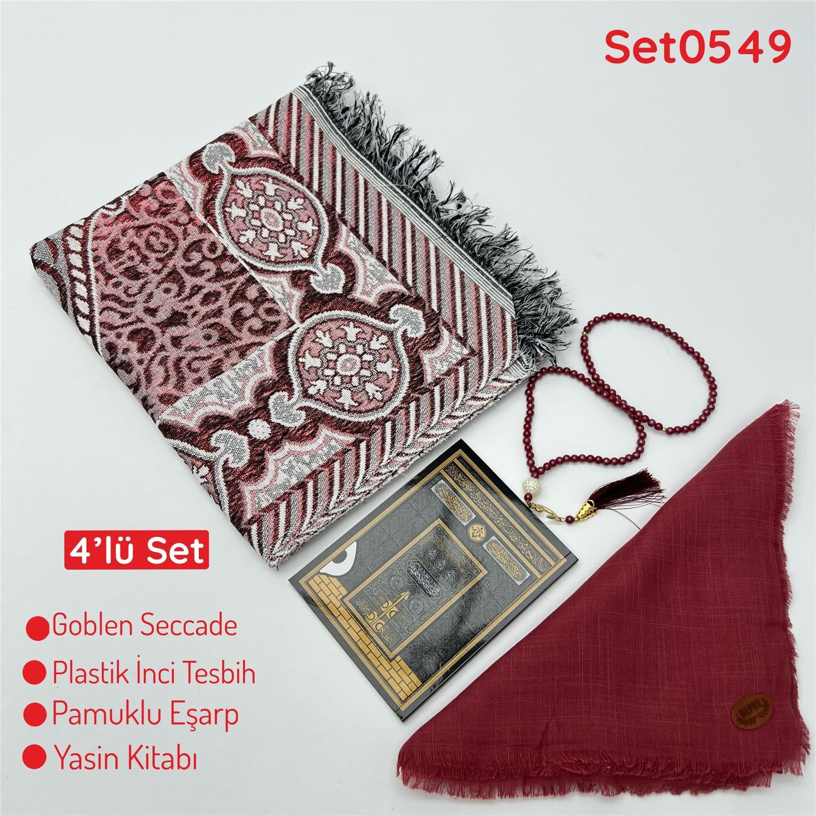 4'lü Ekonomık Set Goblen Seccade-Plastik İnci Tesbih-Yasin Kitabı-Pamuklu Eşarp