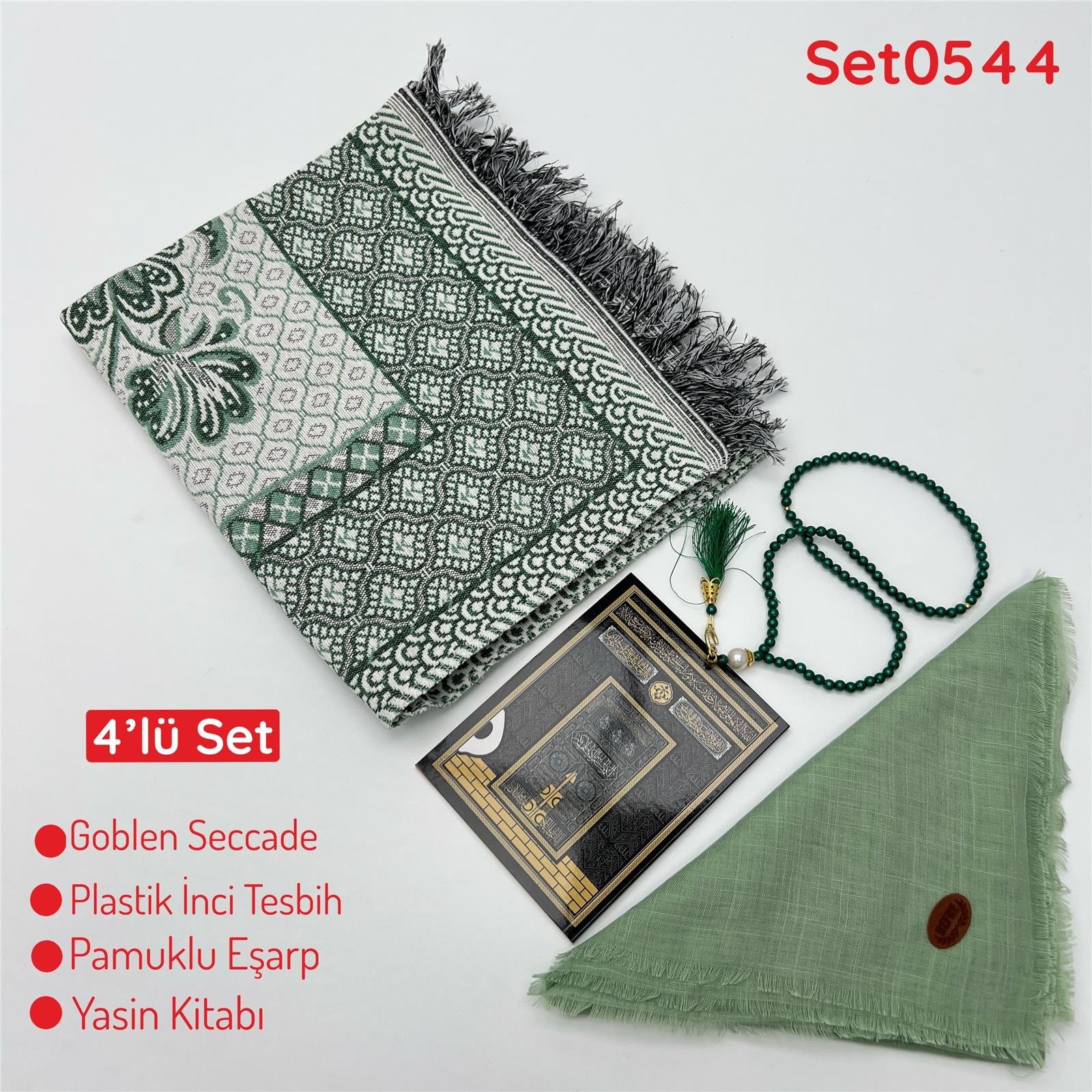 4'lü Ekonomık Set Goblen Seccade-Plastik İnci Tesbih-Yasin Kitabı-Pamuklu Eşarp