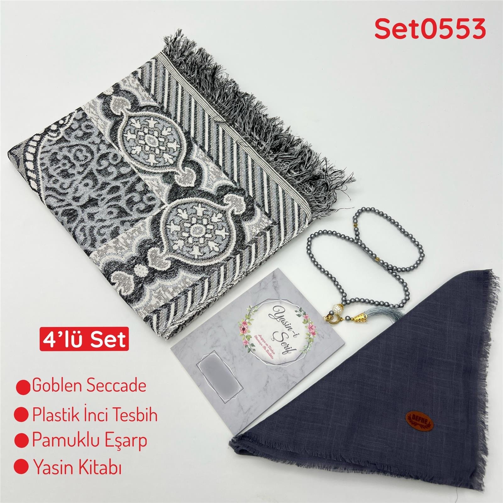 4'lü Ekonomık Set Goblen Seccade-Plastik İnci Tesbih-Yasin Kitabı-Pamuklu Eşarp