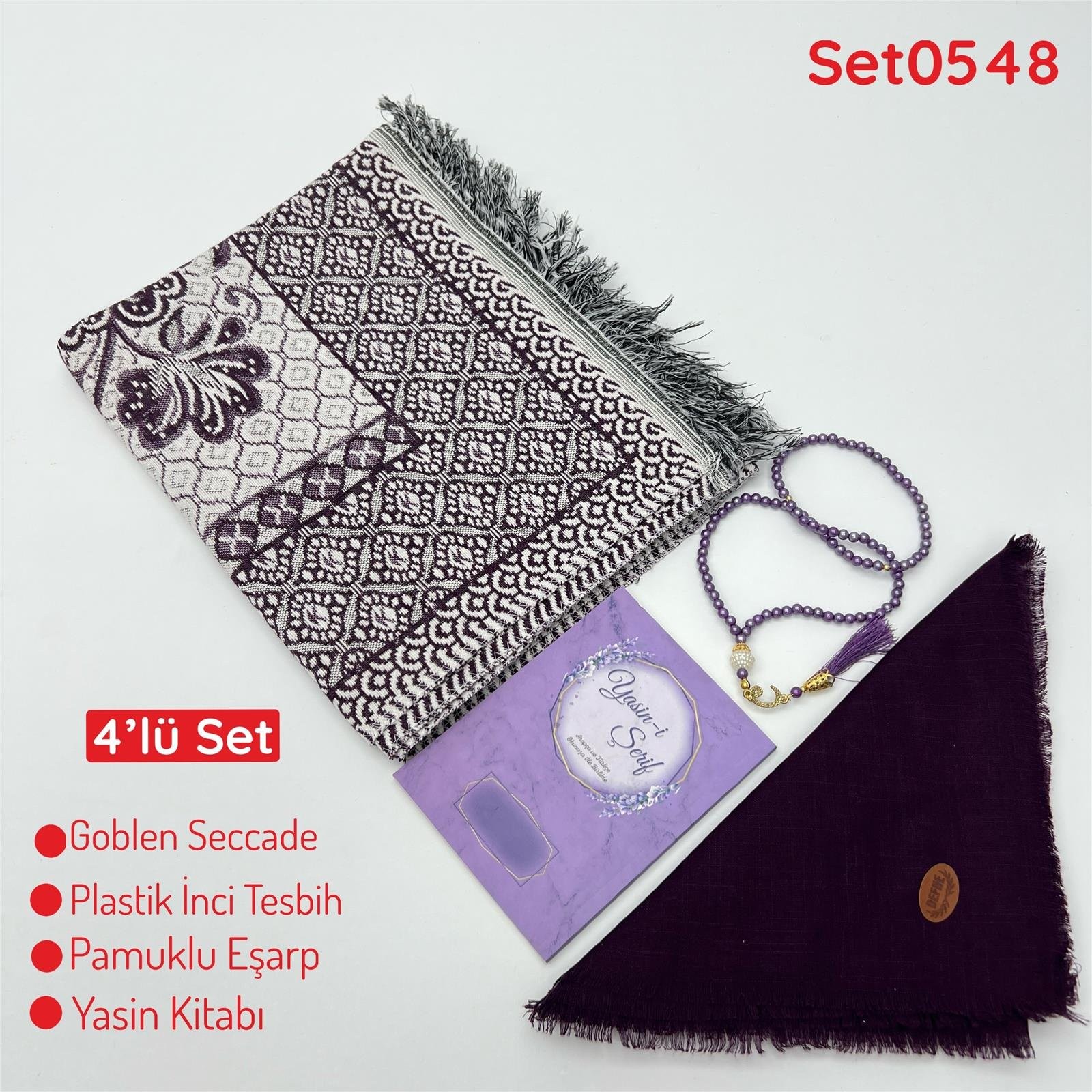 4'lü Ekonomık Set Goblen Seccade-Plastik İnci Tesbih-Yasin Kitabı-Pamuklu Eşarp