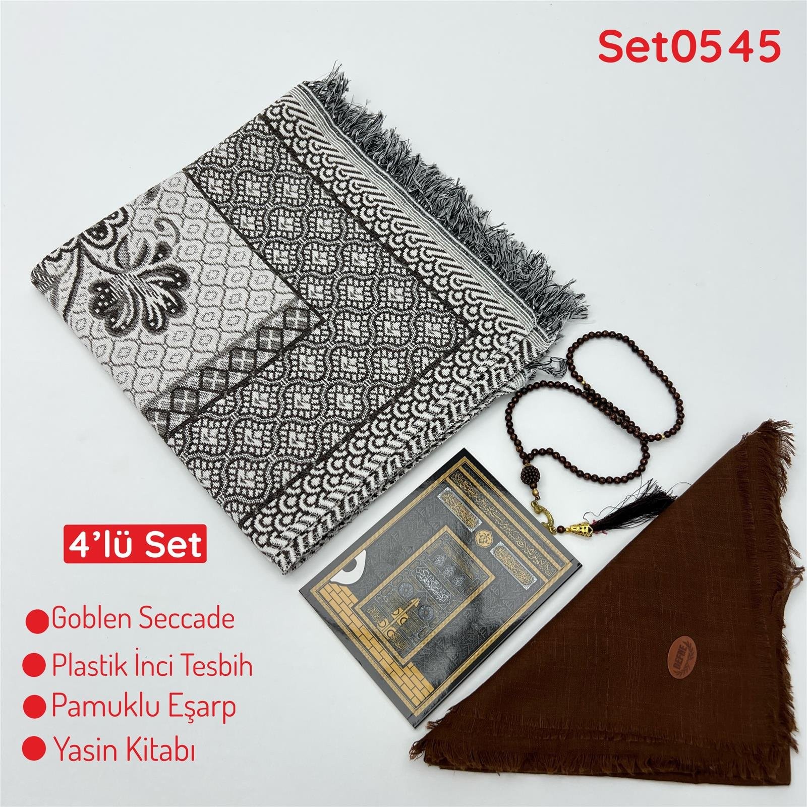 4'lü Ekonomık Set Goblen Seccade-Plastik İnci Tesbih-Yasin Kitabı-Pamuklu Eşarp