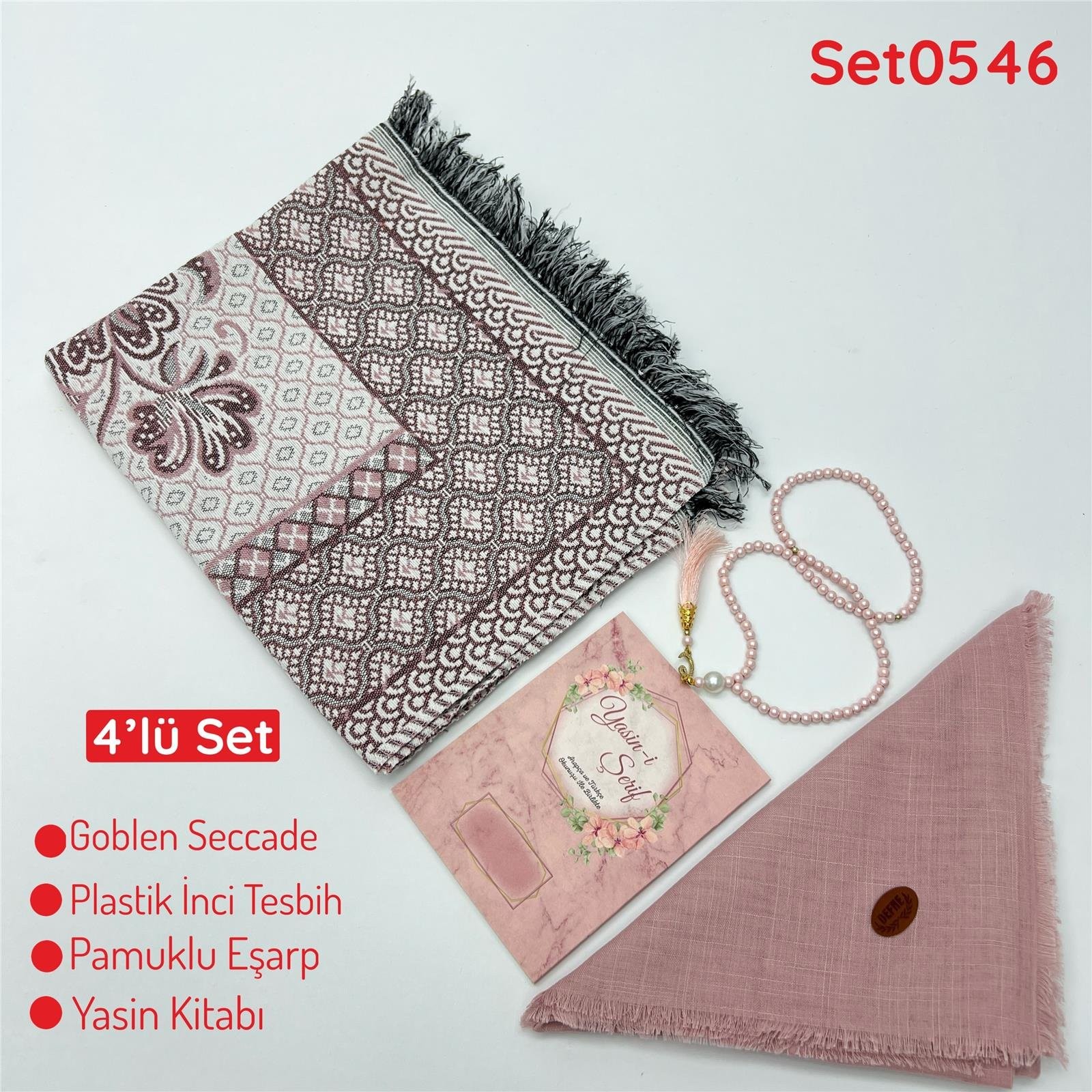 4'lü Ekonomık Set Goblen Seccade-Plastik İnci Tesbih-Yasin Kitabı-Pamuklu Eşarp