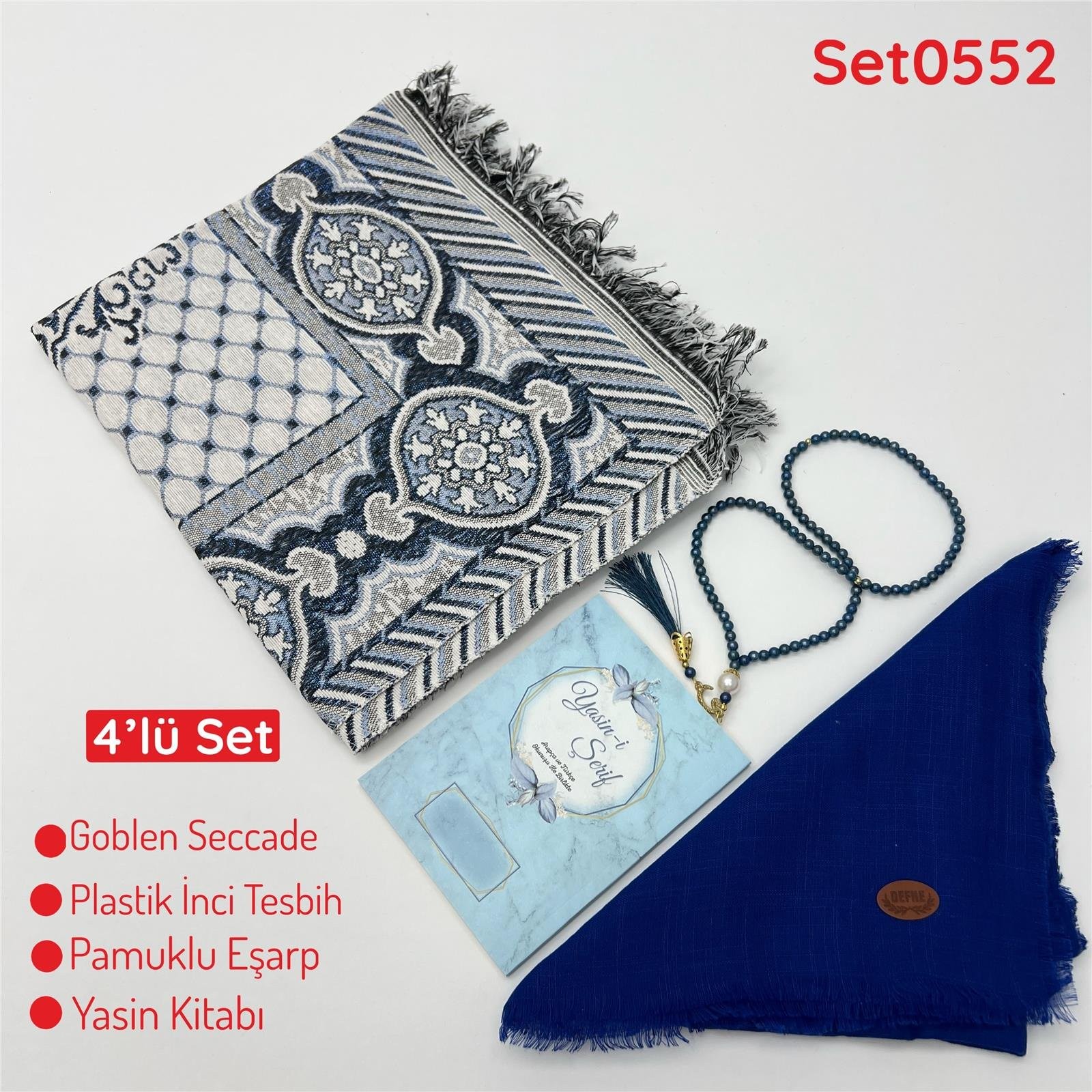 4'lü Ekonomık Set Goblen Seccade-Plastik İnci Tesbih-Yasin Kitabı-Pamuklu Eşarp