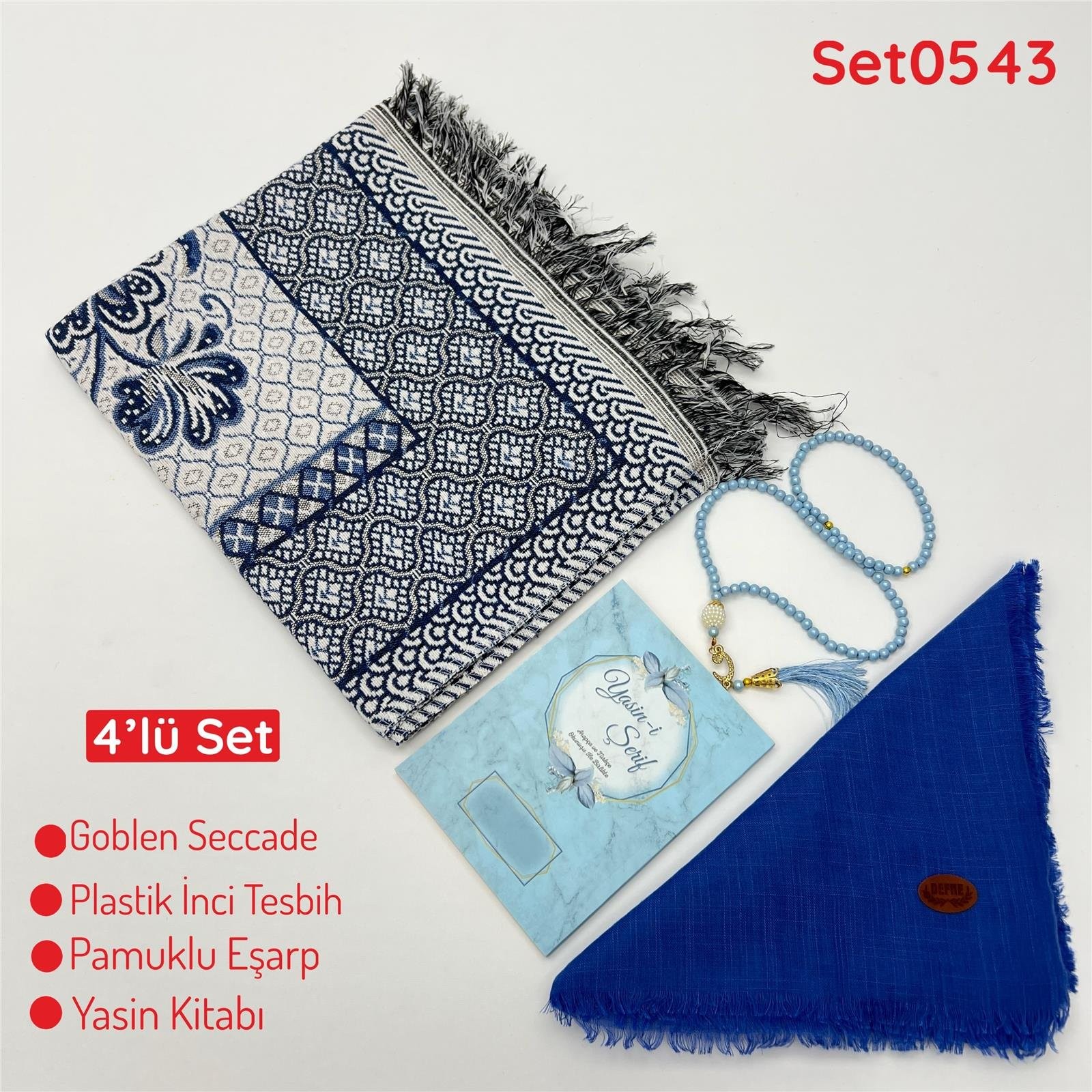 4'lü Ekonomık Set Goblen Seccade-Plastik İnci Tesbih-Yasin Kitabı-Pamuklu Eşarp