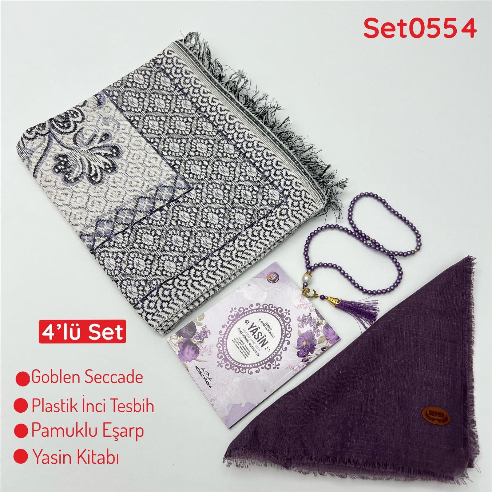 4'lü Ekonomık Set Goblen Seccade-Plastik İnci Tesbih-Yasin Kitabı-Pamuklu Eşarp