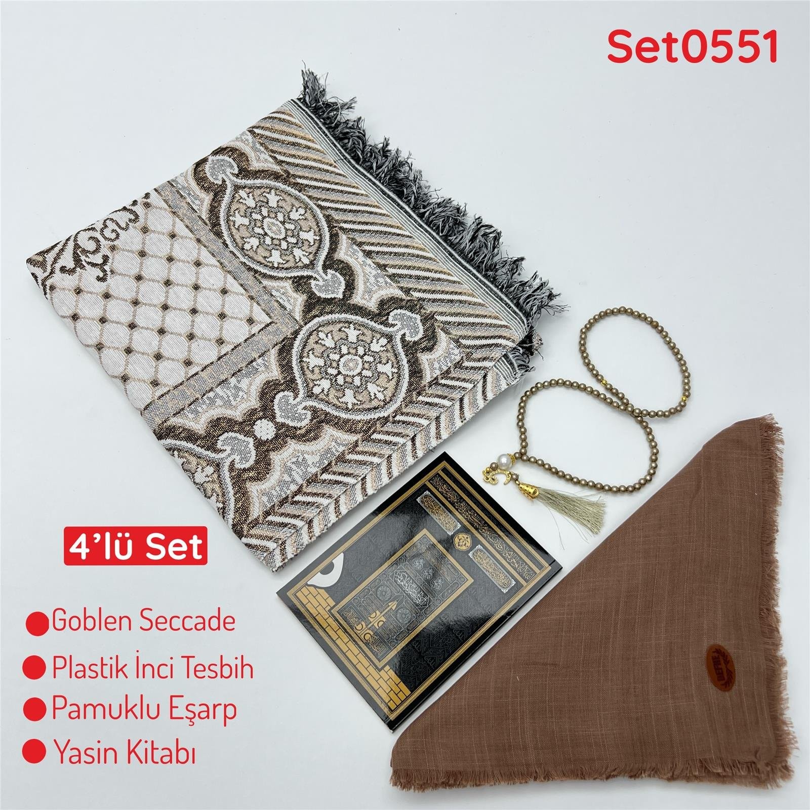 4'lü Ekonomık Set Goblen Seccade-Plastik İnci Tesbih-Yasin Kitabı-Pamuklu Eşarp
