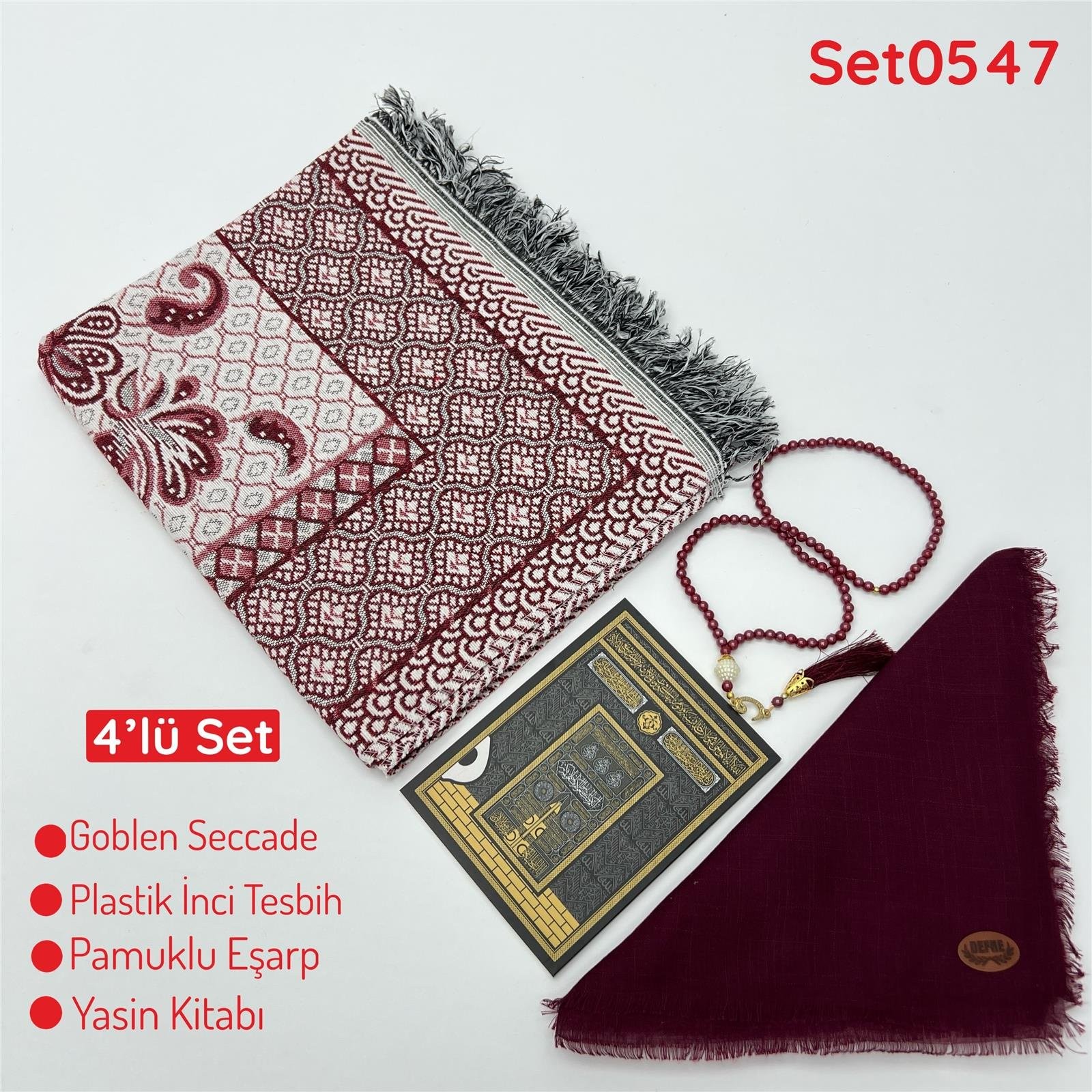 4'lü Ekonomık Set Goblen Seccade-Plastik İnci Tesbih-Yasin Kitabı-Pamuklu Eşarp