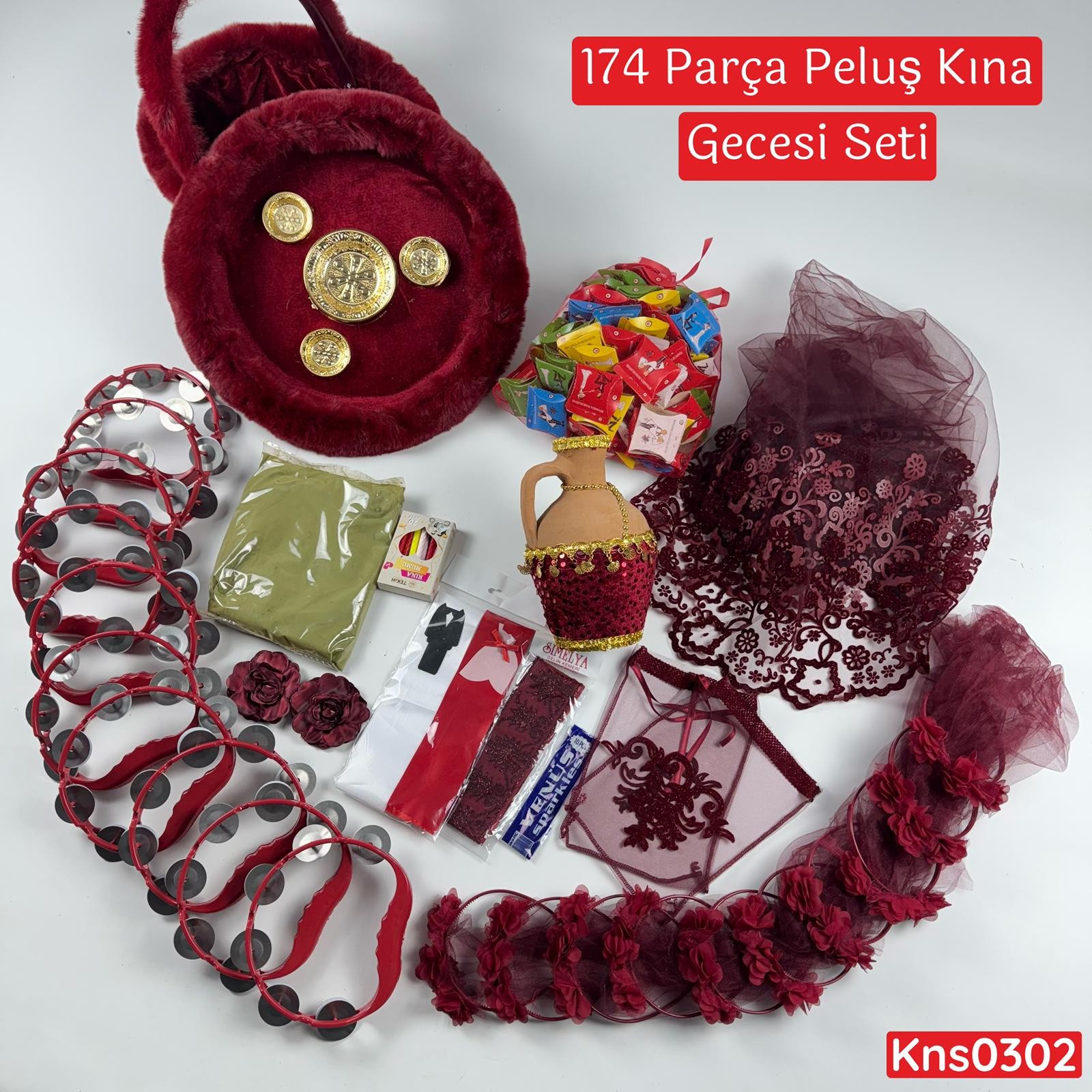 174 Parça Peluş Kına Gecesi Seti Bordo