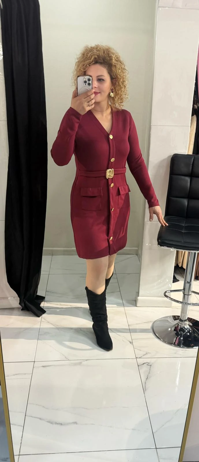 KENDİNDEN KEMERLİ V YAKA MİNİ ELBİSE