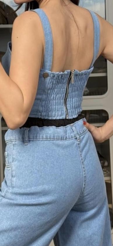 Kırışık Paraşüt Garnili Denim BUSTİYER
