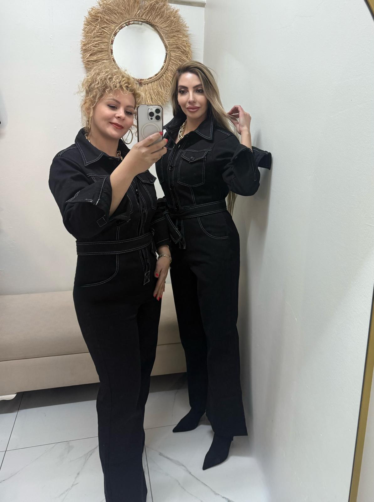 Dikiş detaylı siyah renk gabardin tulum