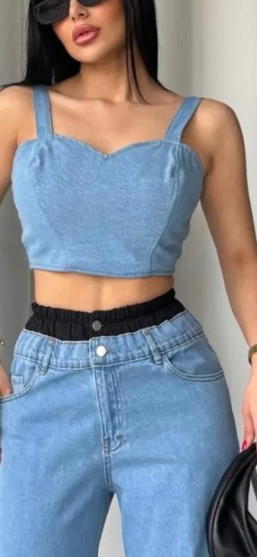 Kırışık Paraşüt Garnili Denim BUSTİYER