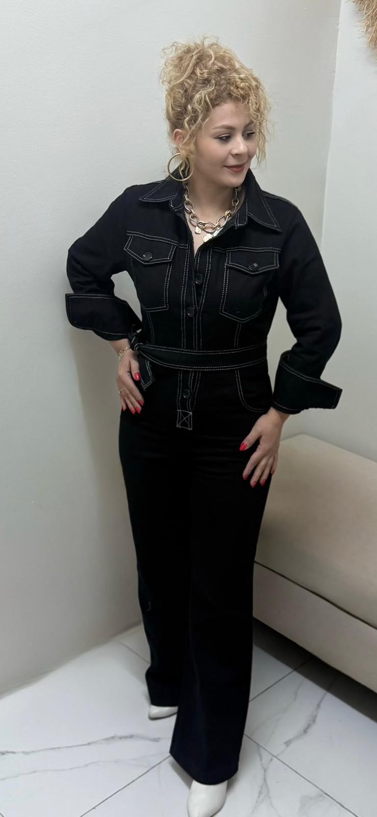 Dikiş detaylı siyah renk gabardin tulum