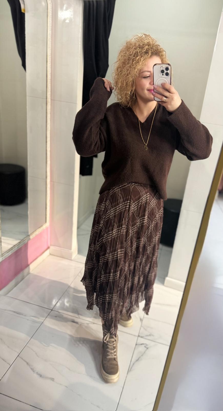 ÇİZGİLİ ETEK UCU VEREV KESİM ASTARLI MİDİ BOY ETEK