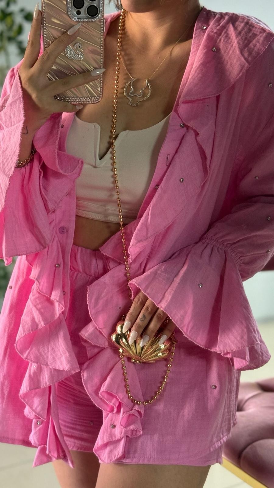 Taş Detaylı Şort & Kimono Takım