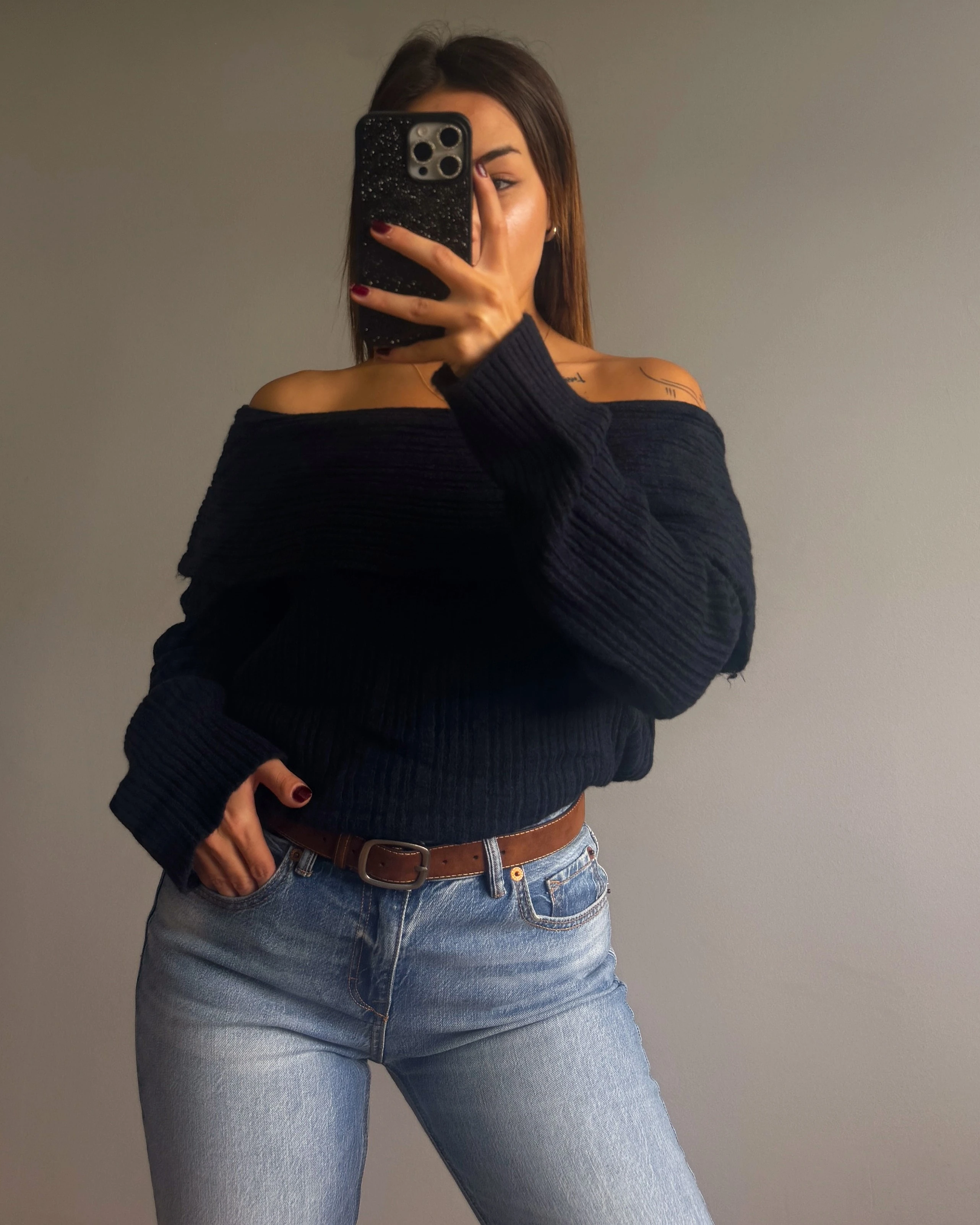 Omuz Dekolteli Madonna Yaka Triko Kazak Lacivert