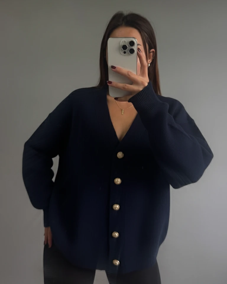 Düğme Detaylı Oversize Hırka - Lacivert