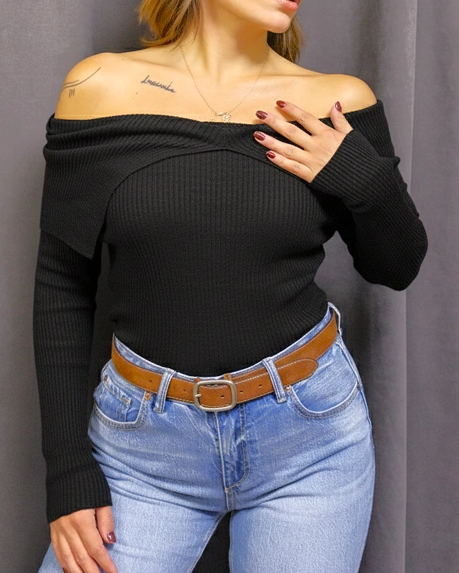 Degaje Yaka Triko Kazak - Siyah