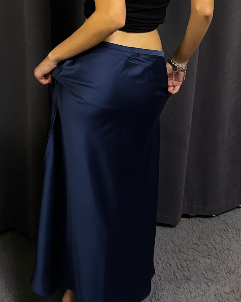 Çan Kesim Saten Etek - Lacivert