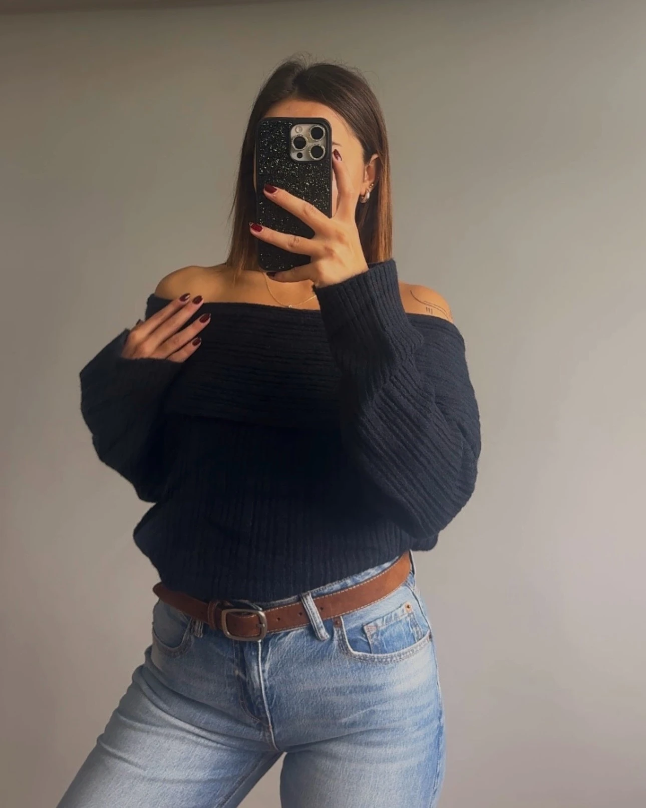 Omuz Dekolteli Madonna Yaka Triko Kazak Lacivert