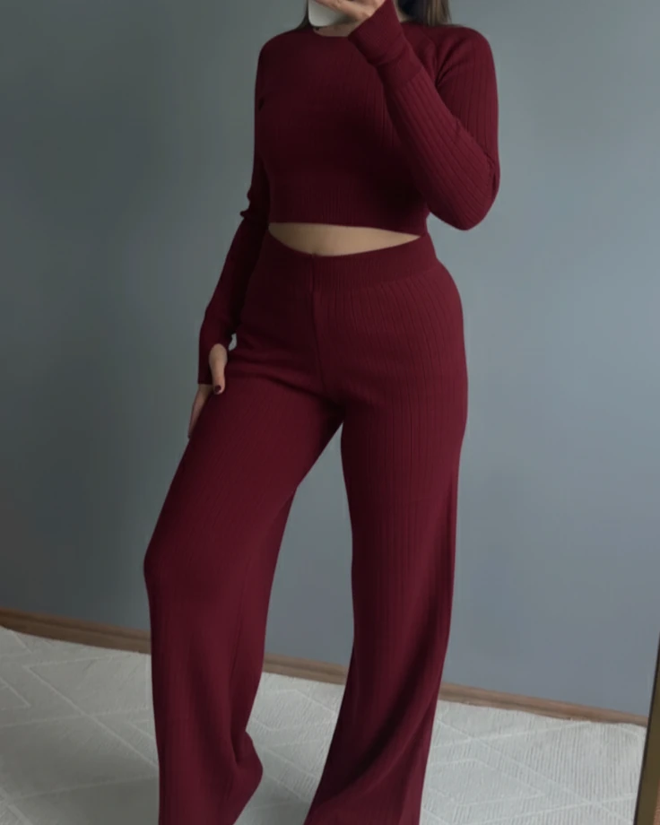 Alt Üst Takım Pantolonlu Crop Triko - Bordo