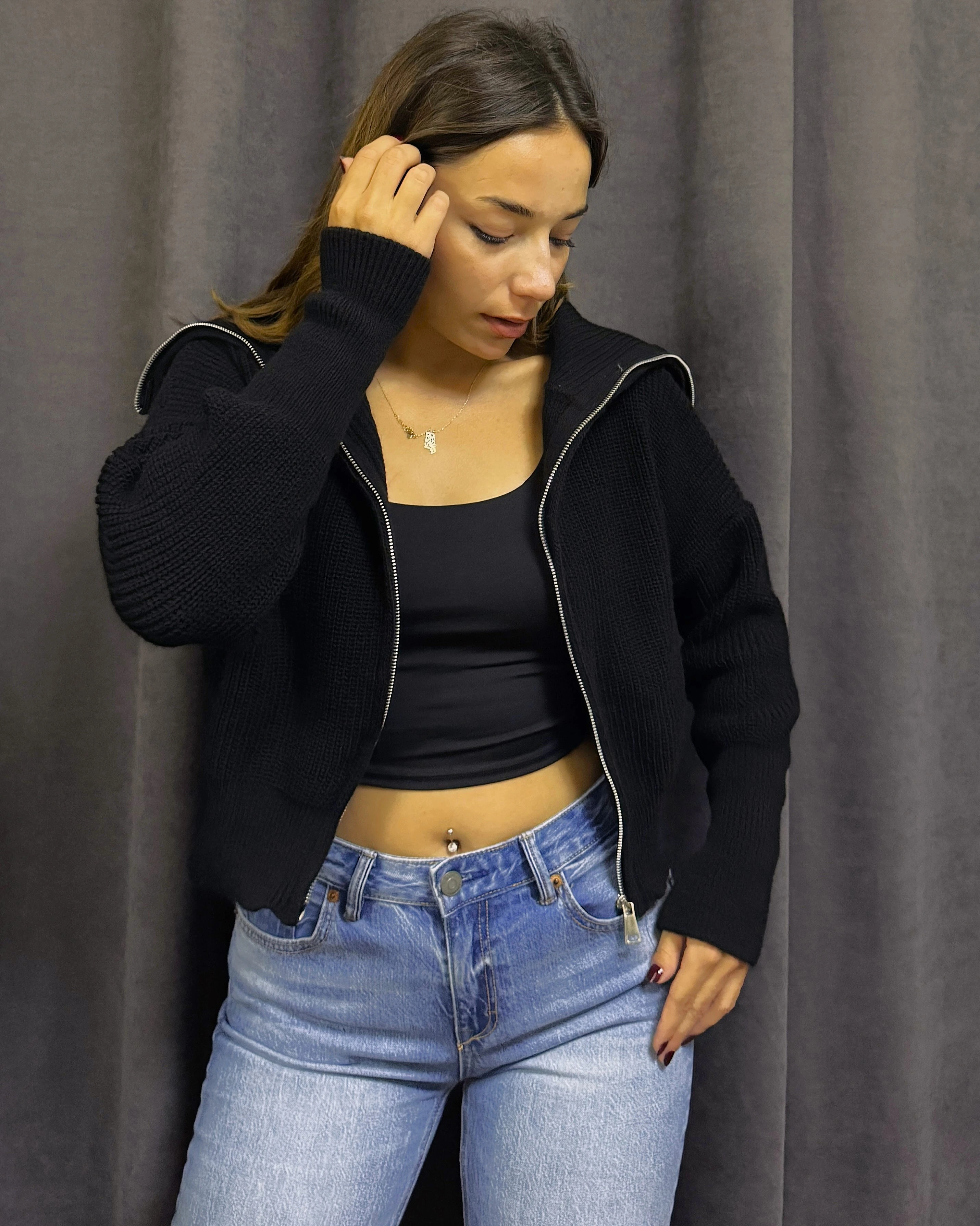 Fermuarlı Yaka Triko Hırka