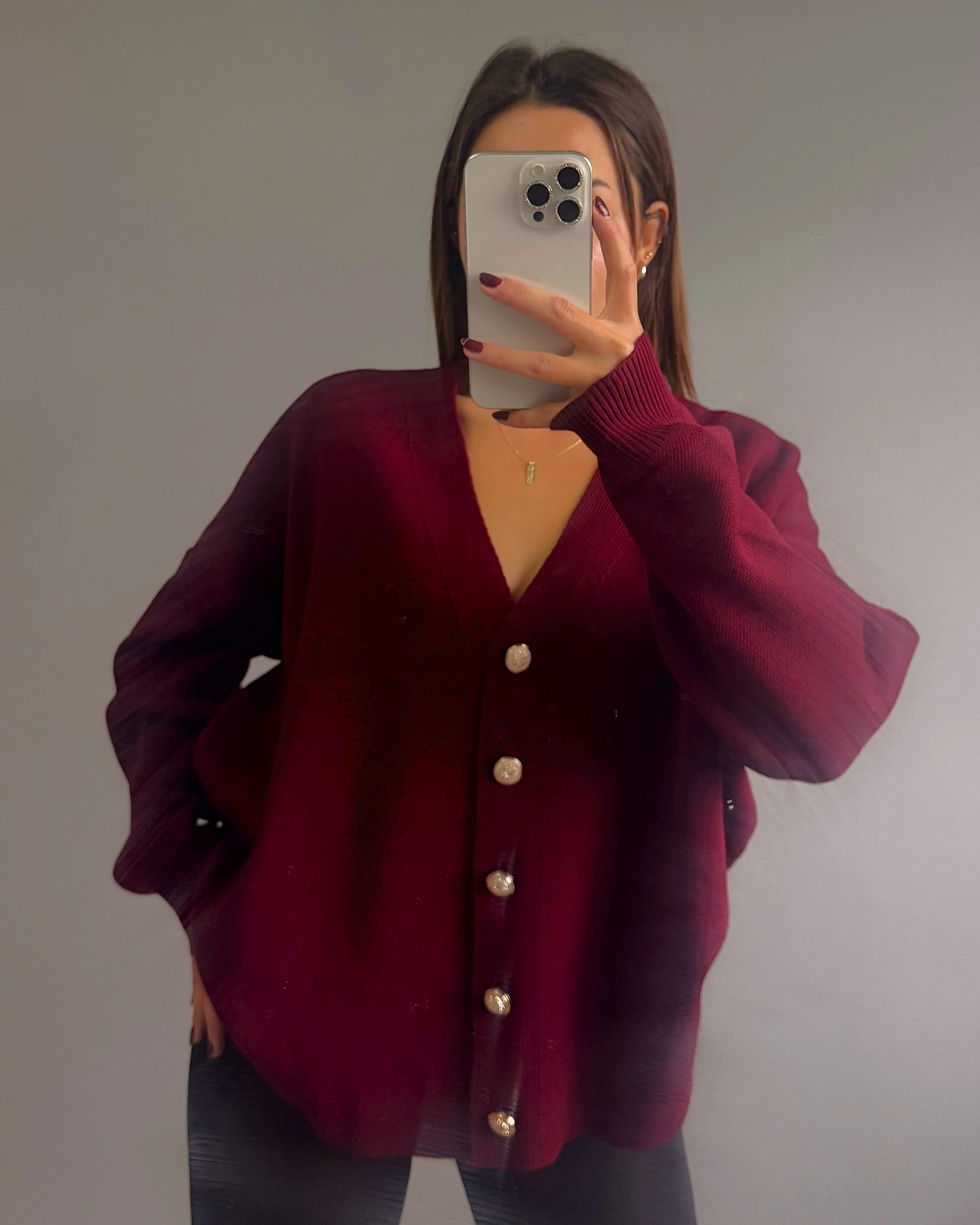 Düğme Detaylı Oversize Hırka - Bordo