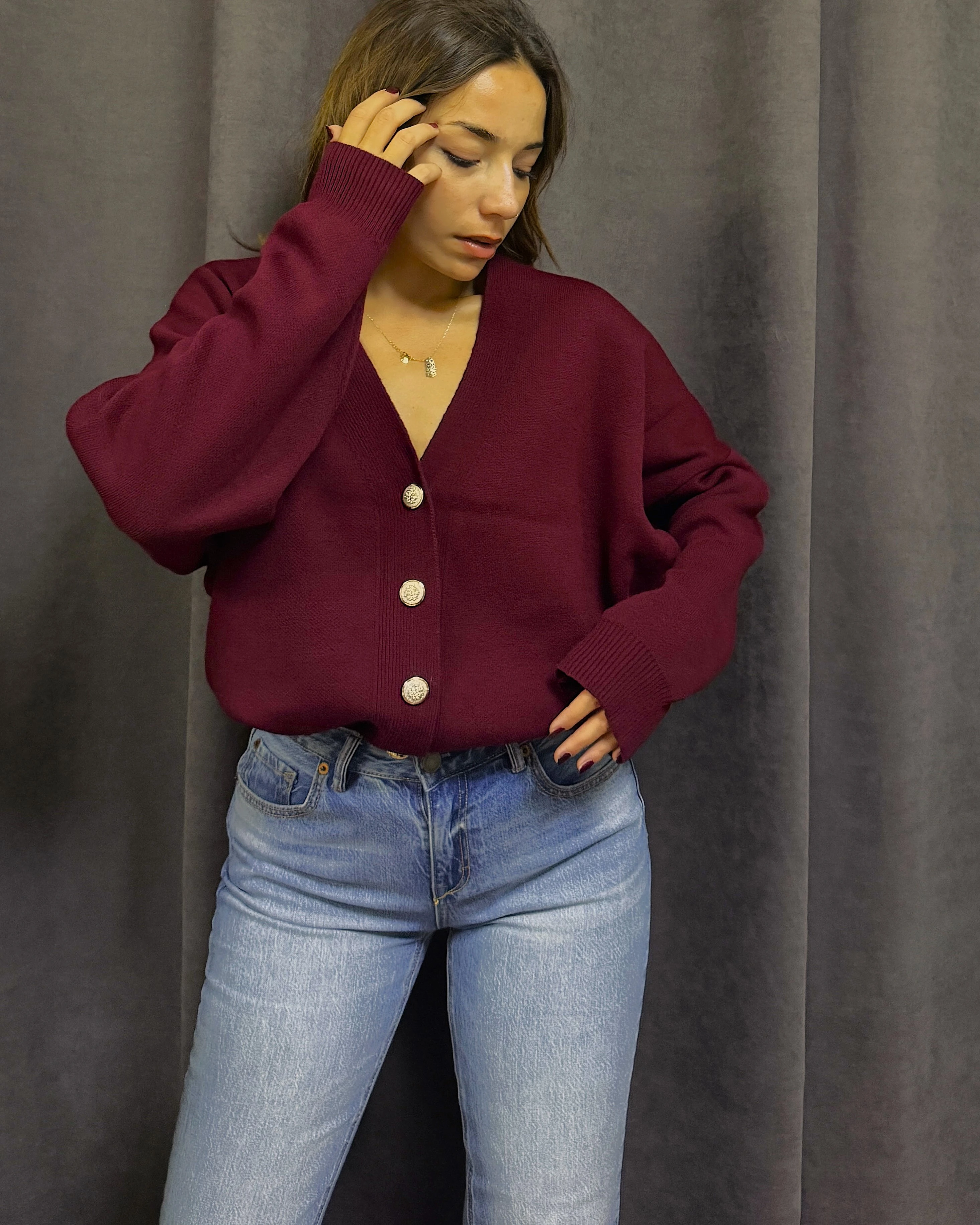 Düğme Detaylı Oversize Hırka