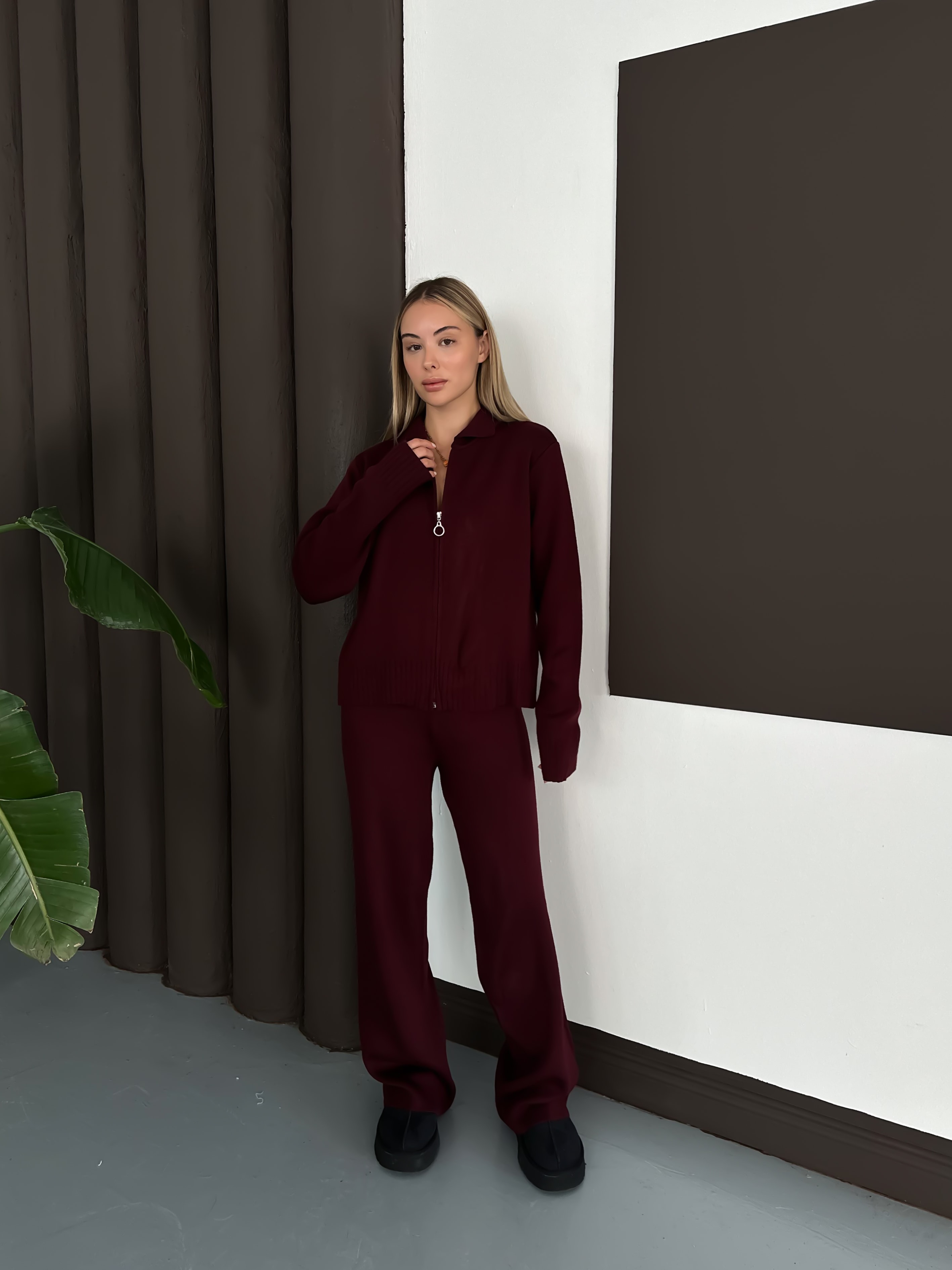 Fermuarlı Polo Yaka Triko Takım - Bordo-siyah