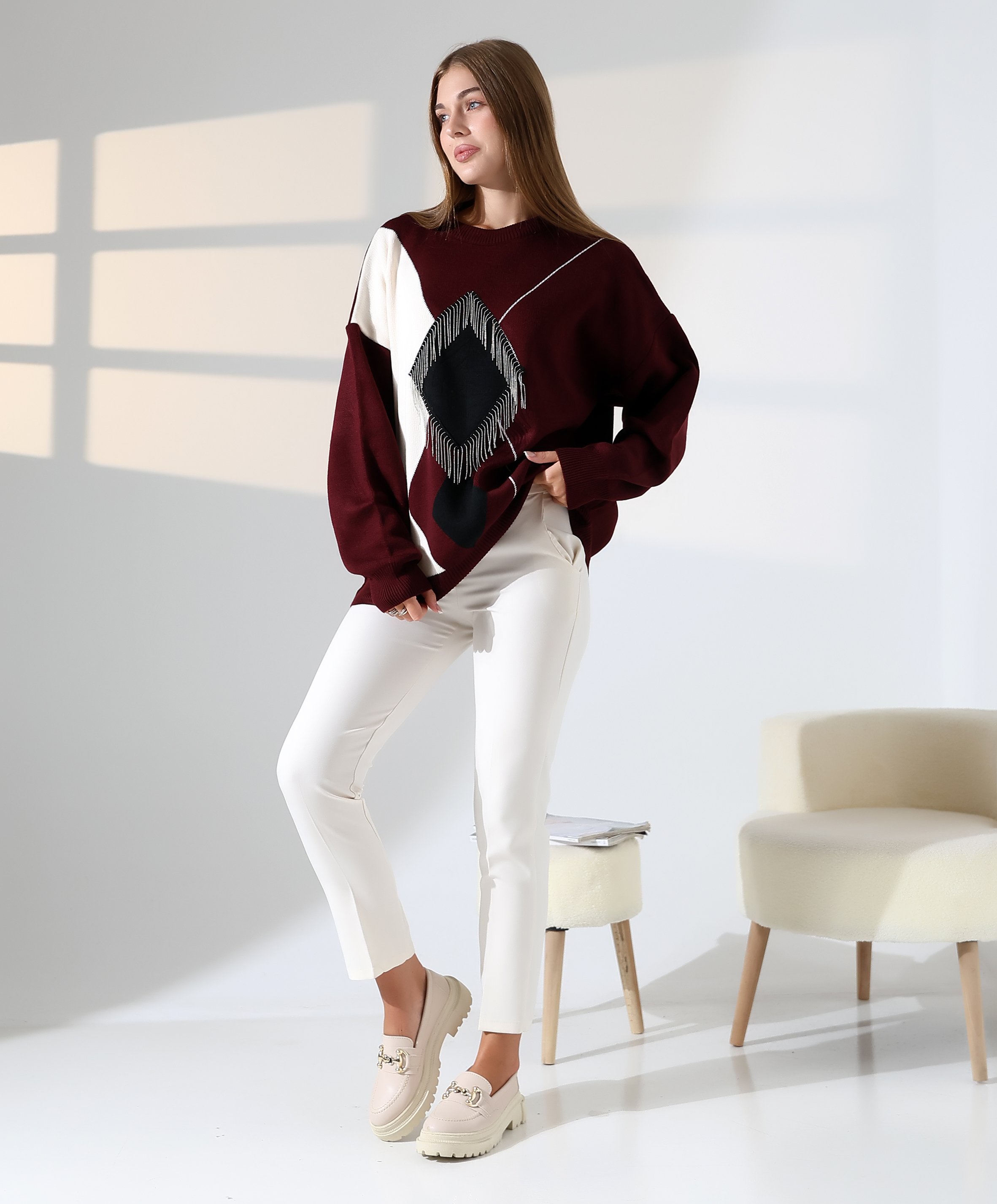 Geometrik Desenli Oversize Kadın Kazak