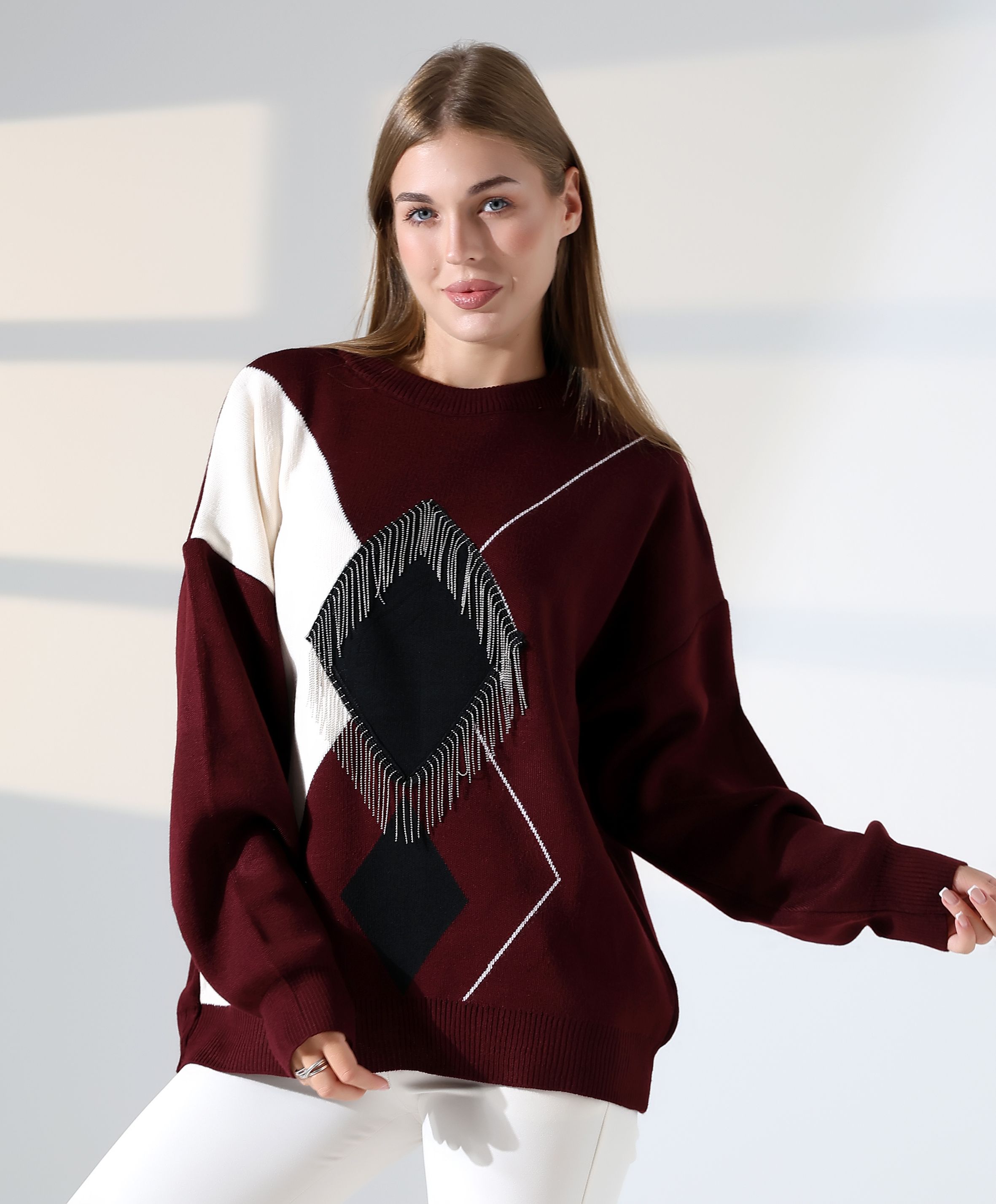 Geometrik Desenli Oversize Kadın Kazak
