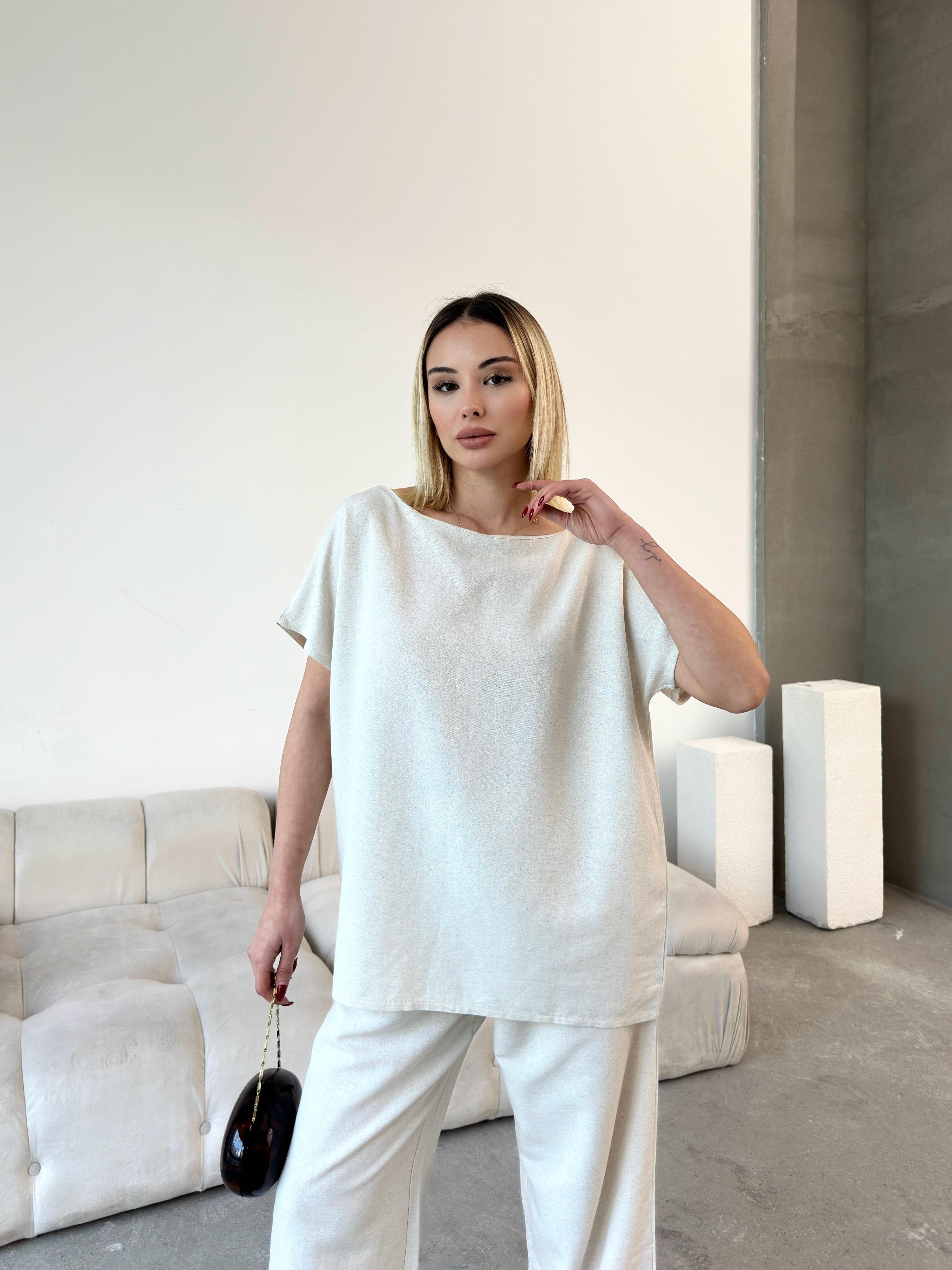 Milano Esintisi Bej Alt Üst Keten Takım