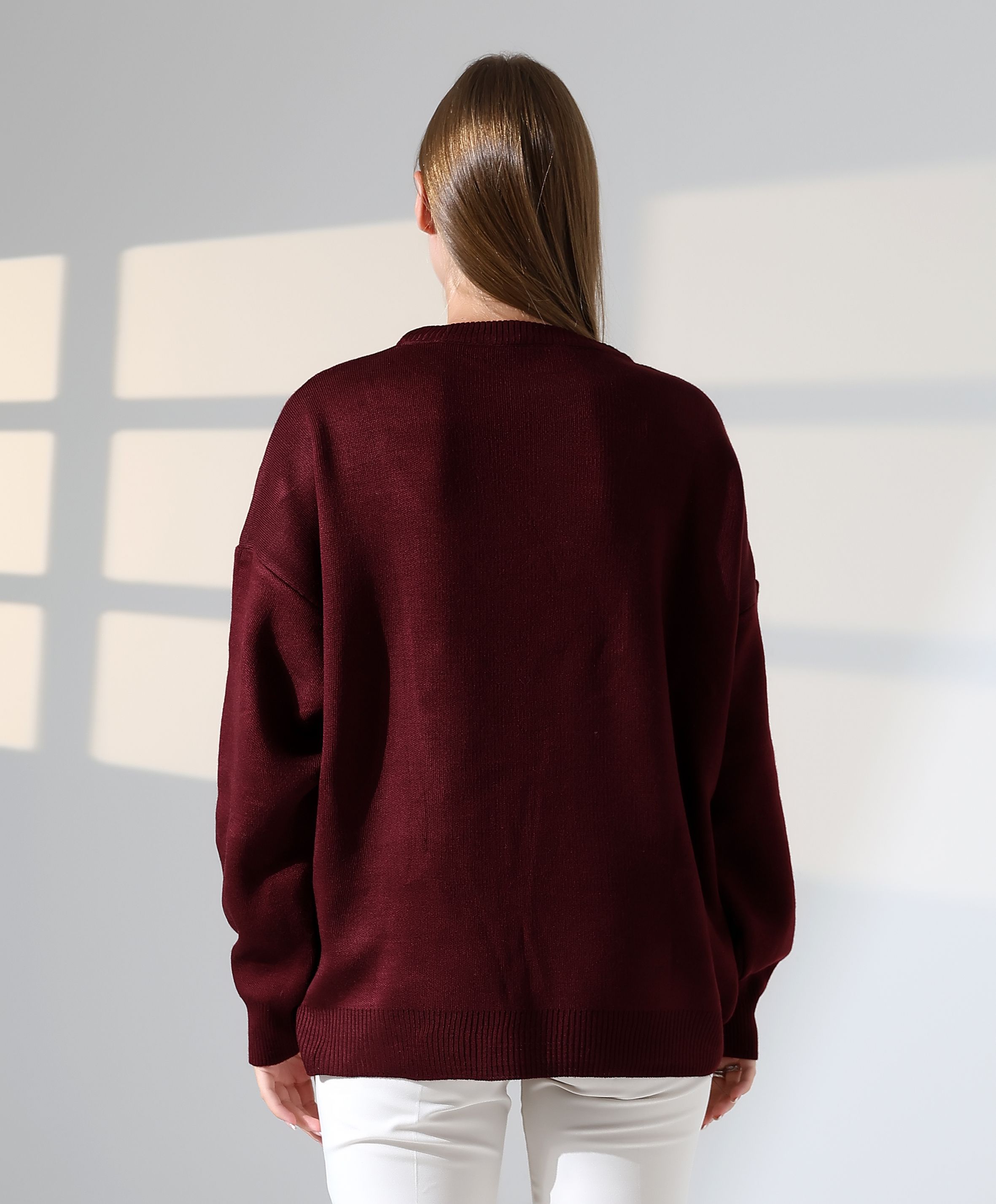 Geometrik Desenli Oversize Kadın Kazak
