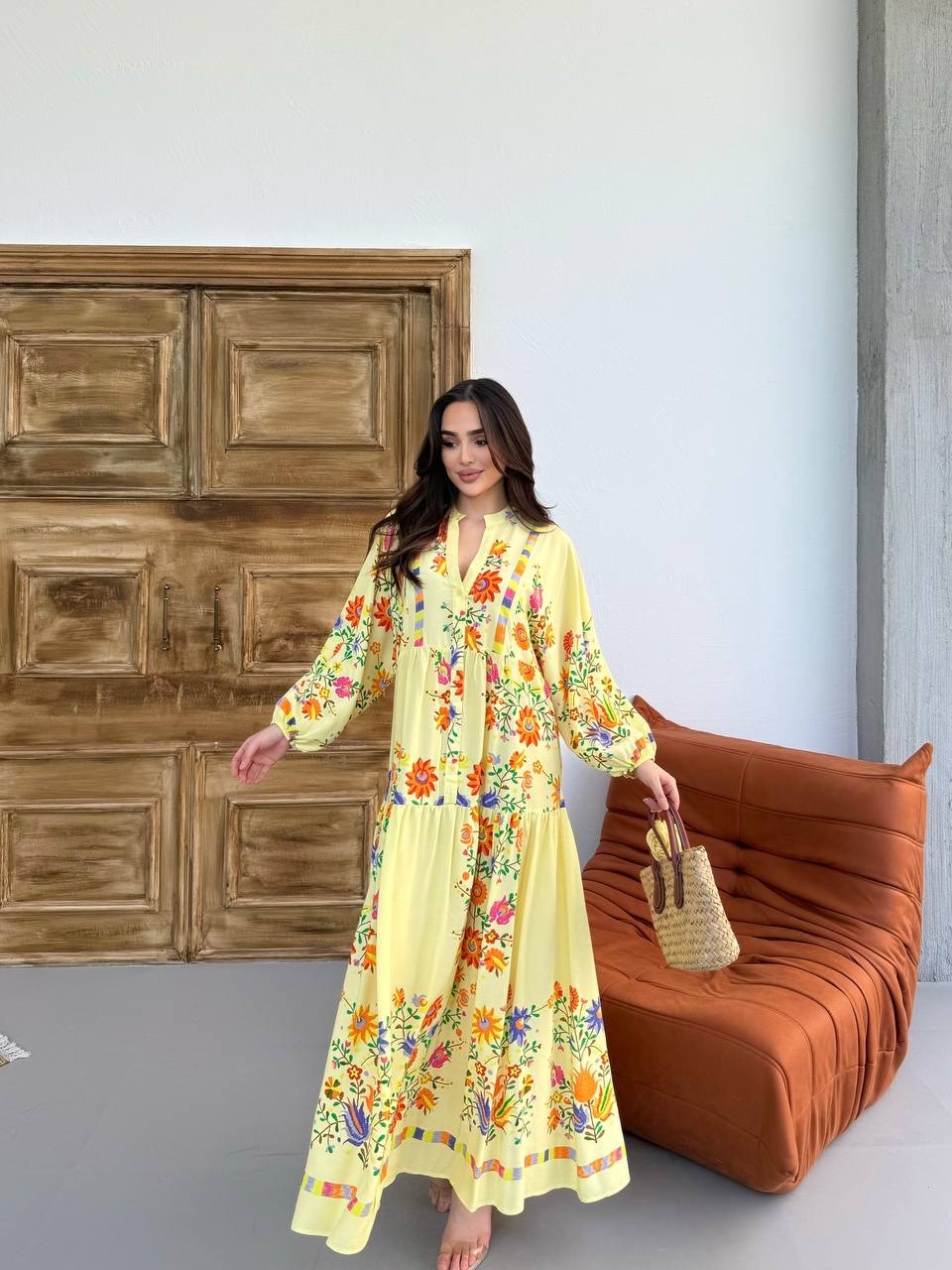 Geniş Kalıp Çiçek Desenli Sarı Elbise