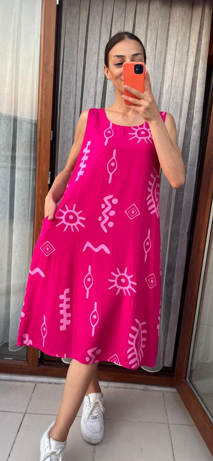 Pastel Desenli Elbise - 8 Renk - Pembe