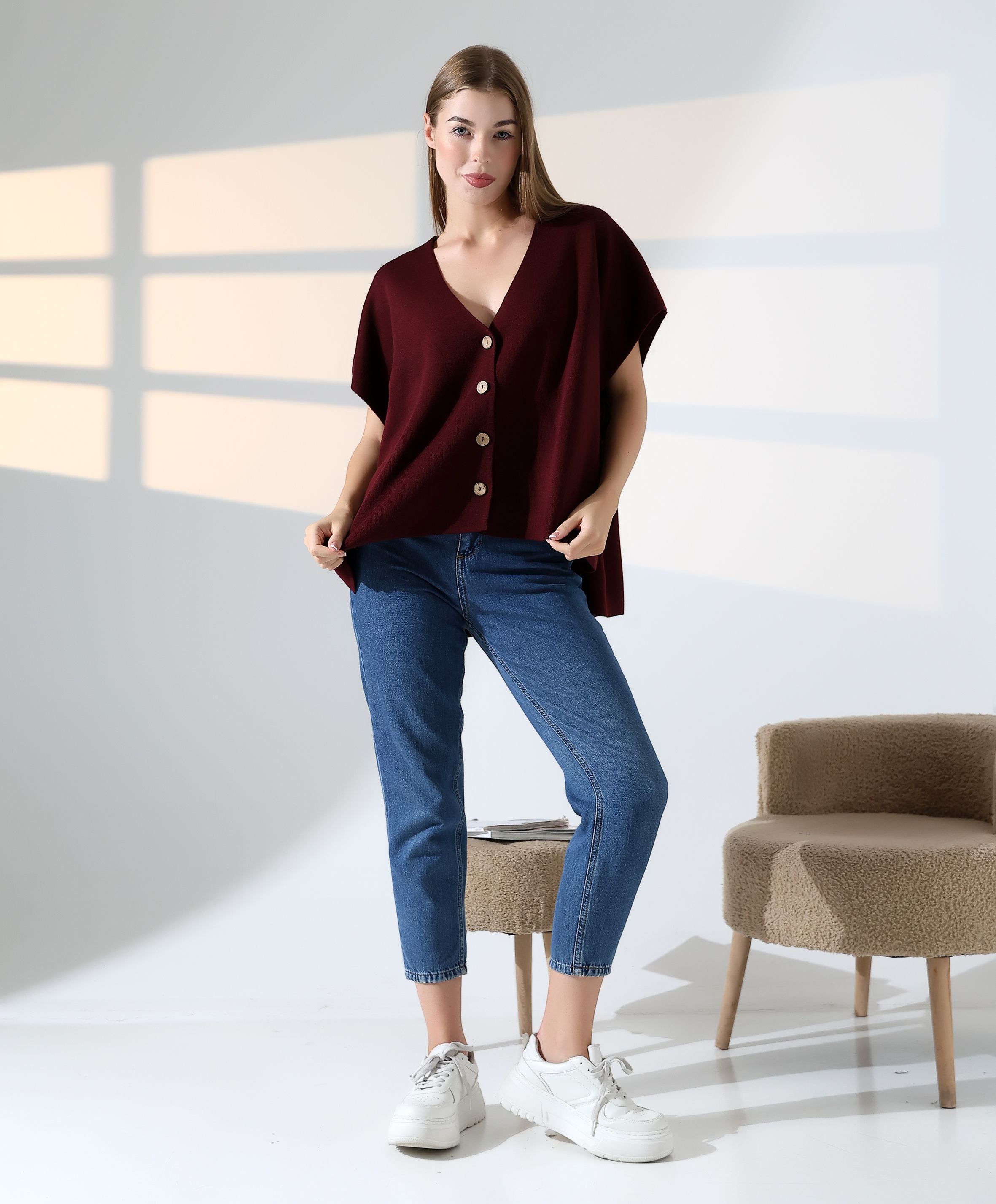 Düğme Detaylı Asimetrik Triko Bluz