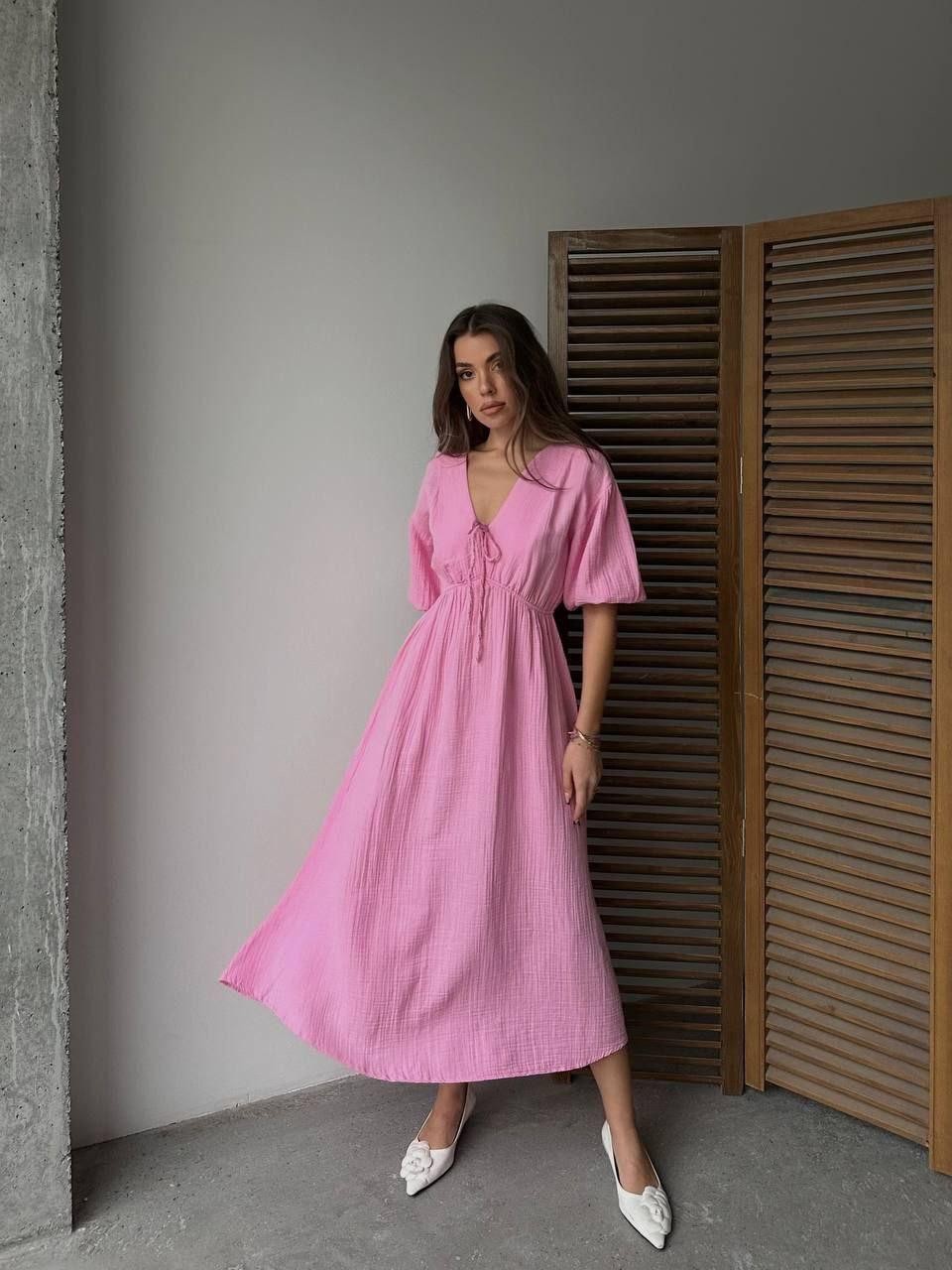 Müslin Kumaş İpli Elbise - 7 Renk - Pembe