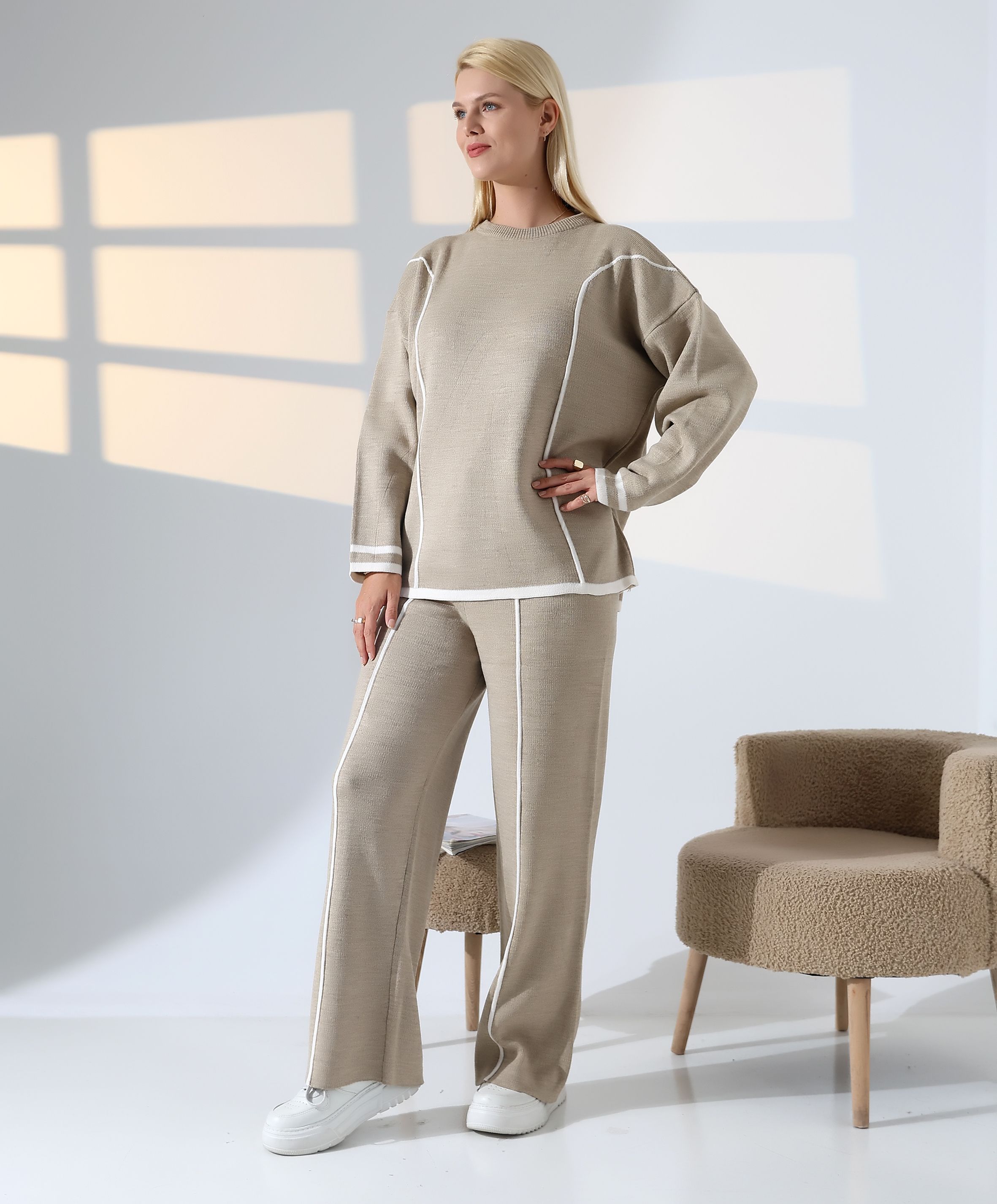 Çizgi Dansı Soft Triko Takım - Vizon