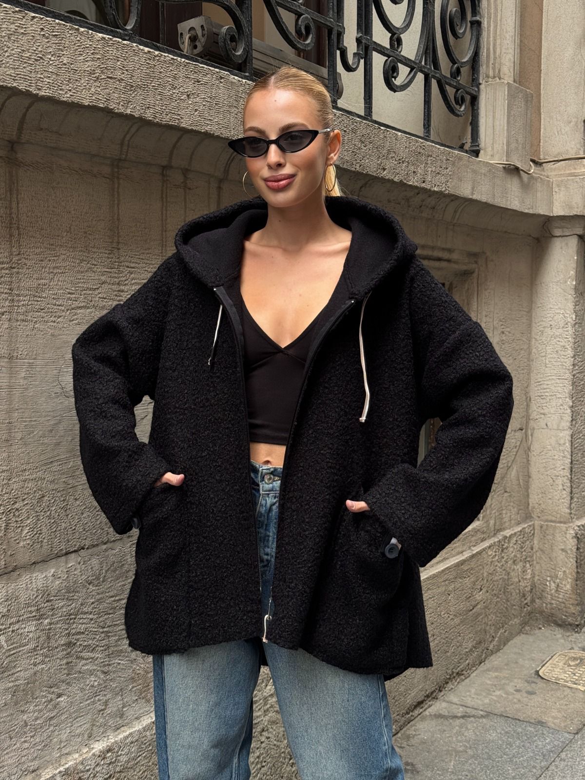 Kapüşonlu Oversize Ceket - siyah