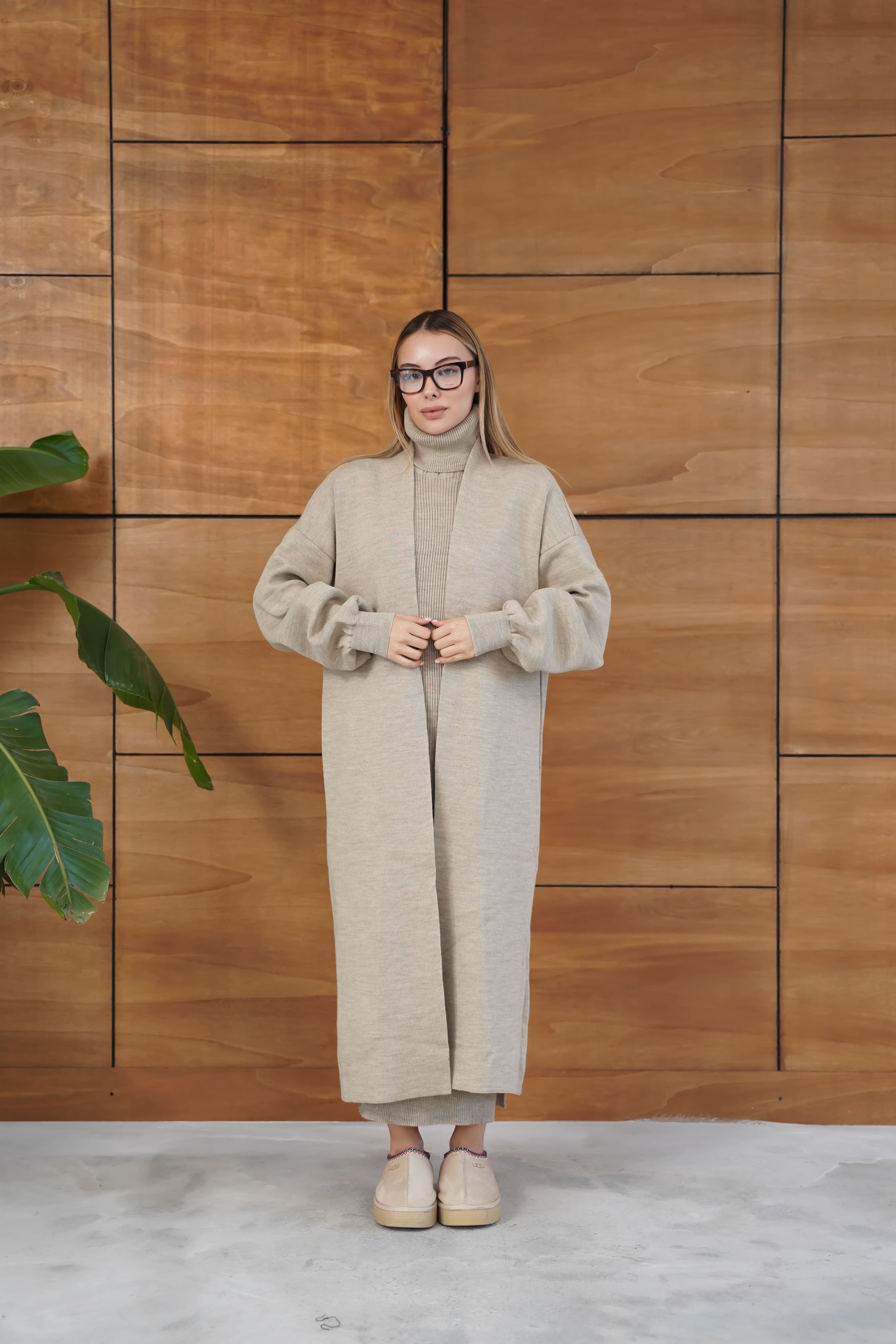 Kış Zarafeti: Triko Elbise ve Hırka Takımı - Vizon