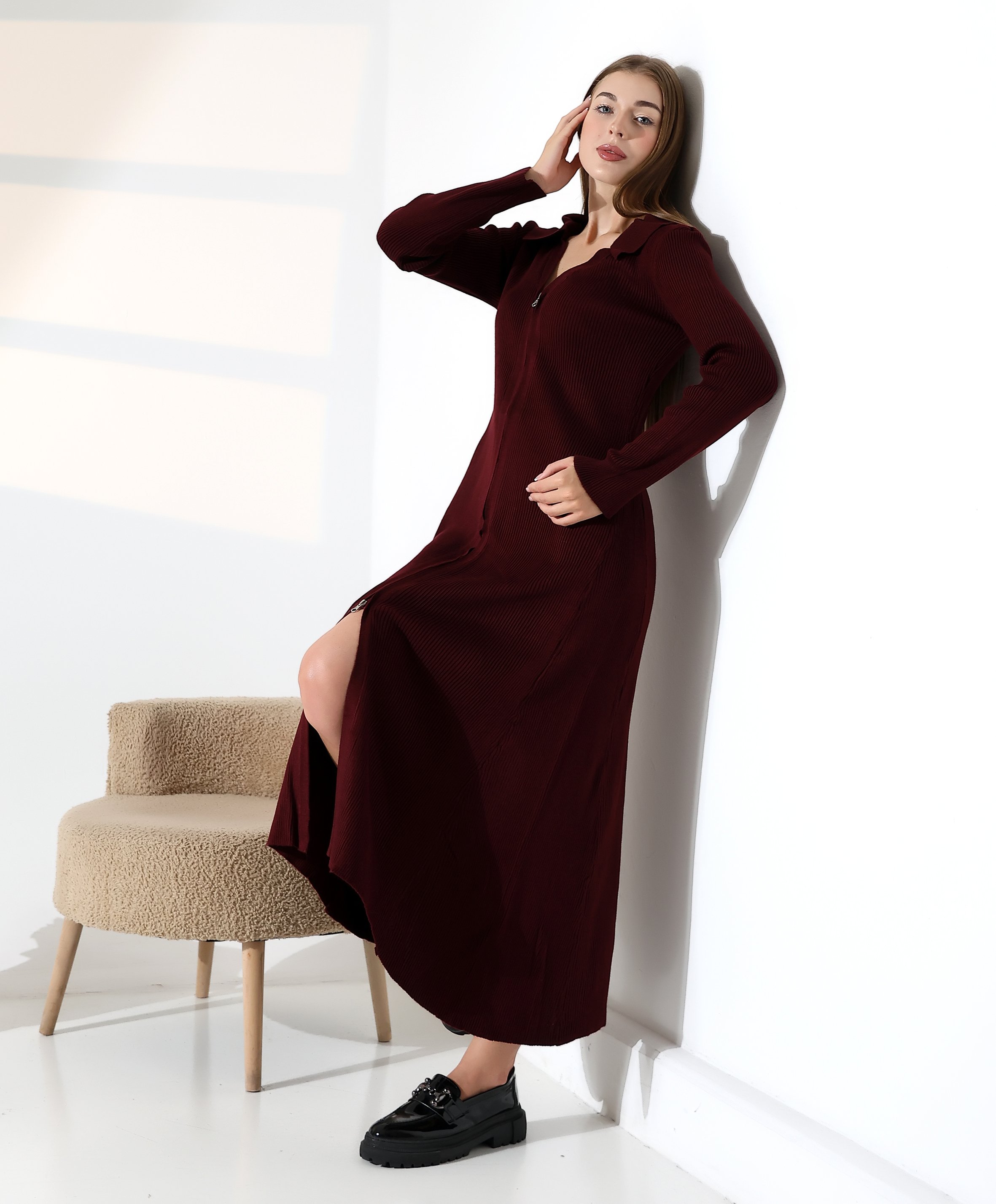 Fermuar Detaylı Polo Yaka Triko Elbise - Bordo