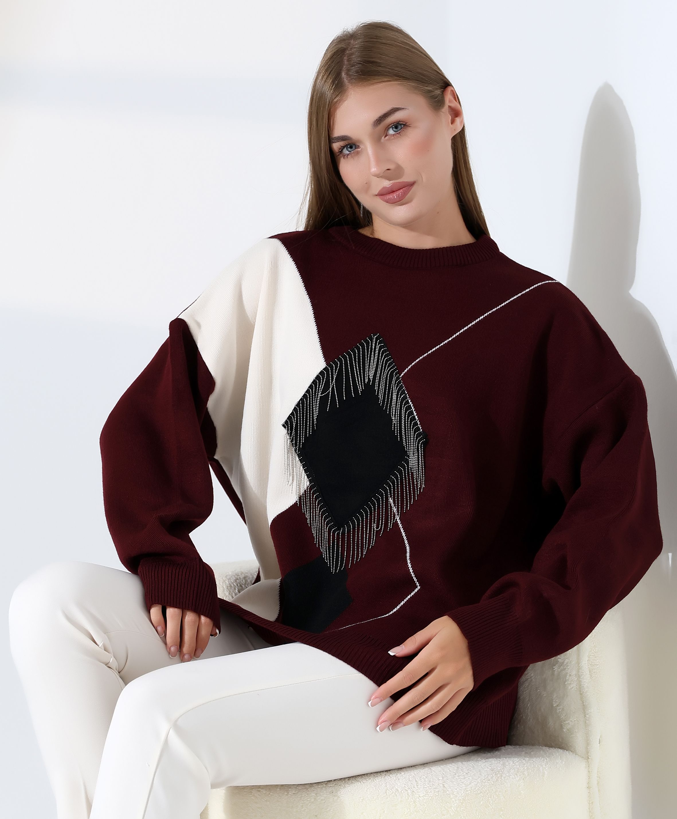 Geometrik Desenli Oversize Kadın Kazak