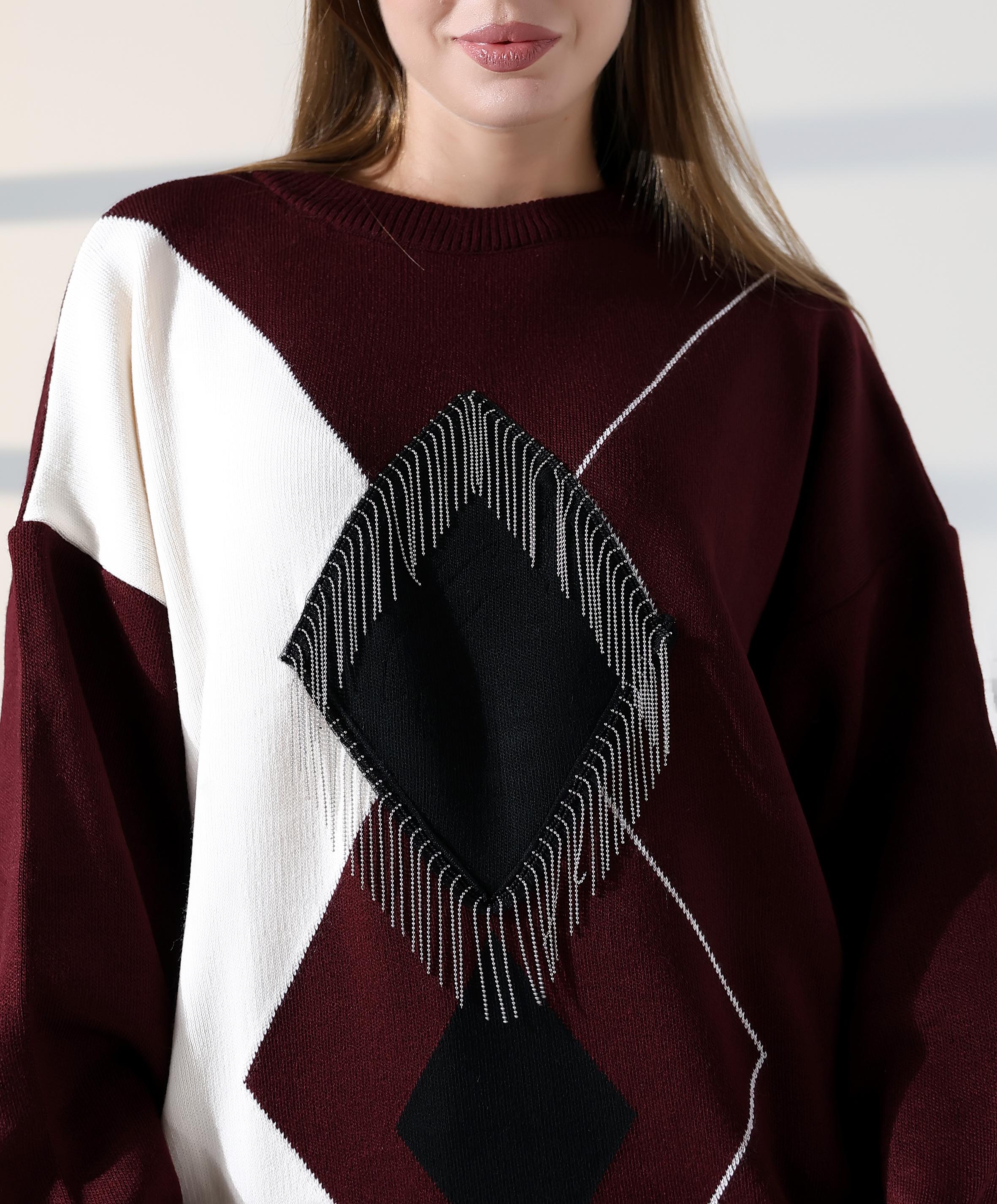 Geometrik Desenli Oversize Kadın Kazak