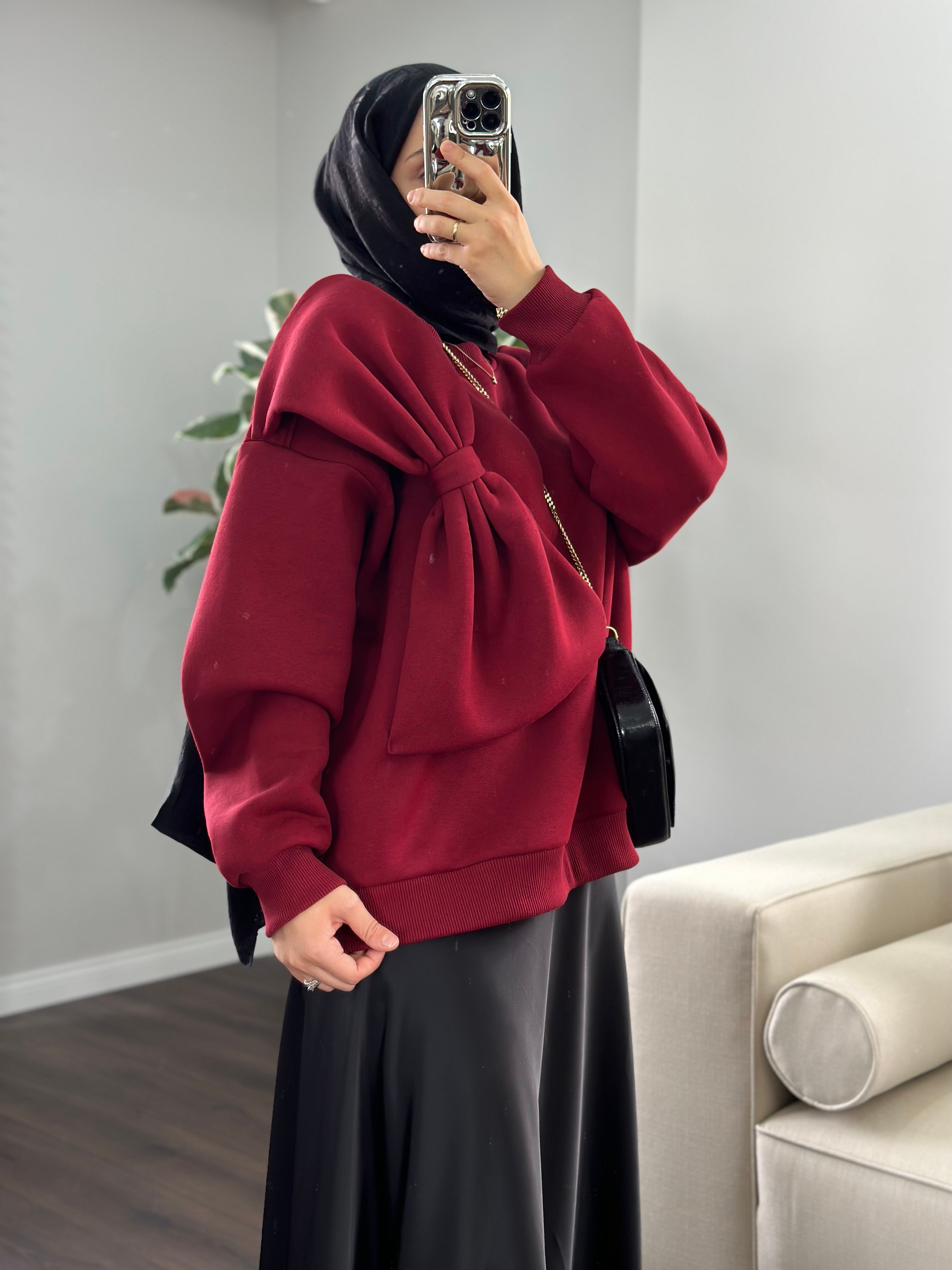 KURDELE DETAY SWEAT - BORDO