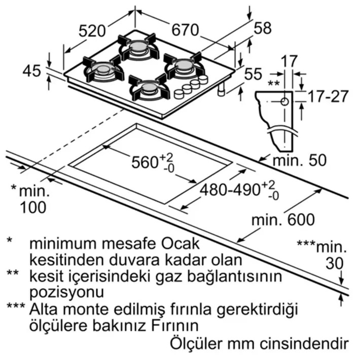 Siemens EO7C8PP30O 67 cm Silver Gazlı Ocak