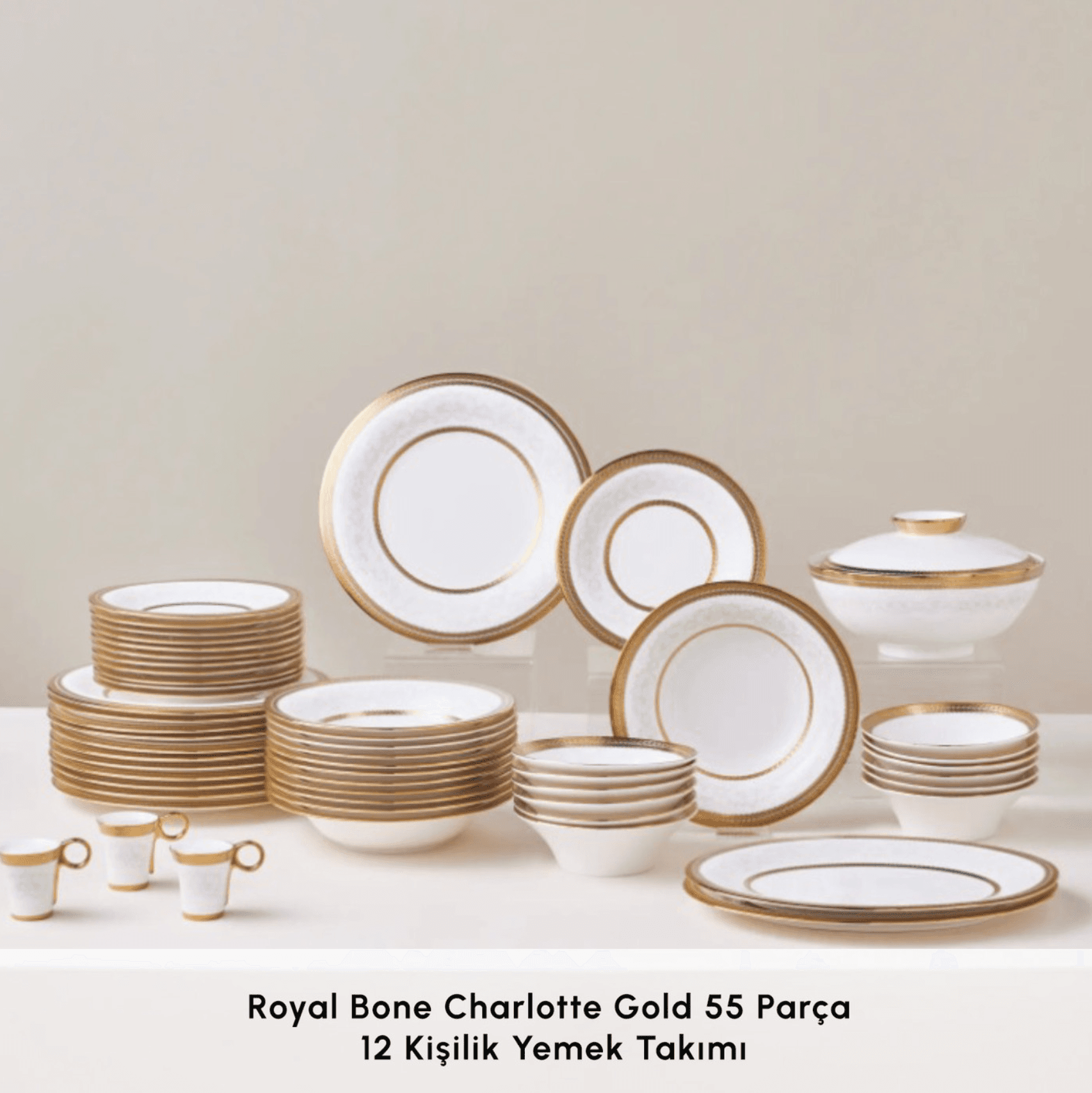 Karaca Royal Bone Charlotte 55 Parça 12 Kişilik Yemek Takımı Gold 
