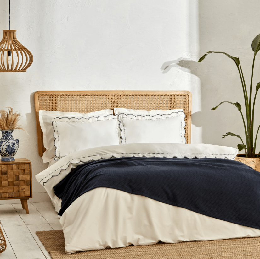 Karaca Home  Elisa %100 Pamuk Çift Kişilik Nakışlı Nevresim Pike Set Mavi