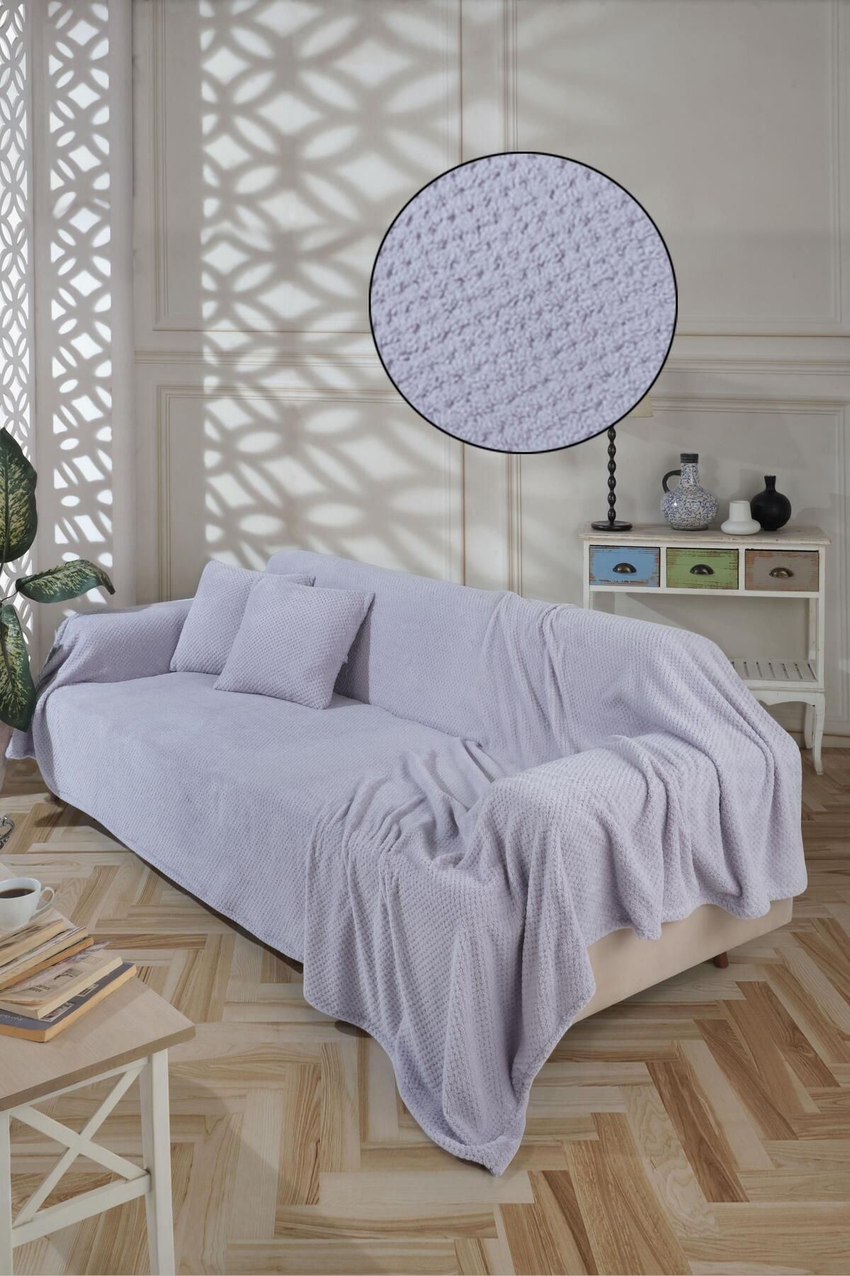 Wellsoft Koltuk Örtüsü Kolları Kaplayan Antrasit 180x300 2 Adet 45x45 Kırlent Kılıfı - grı