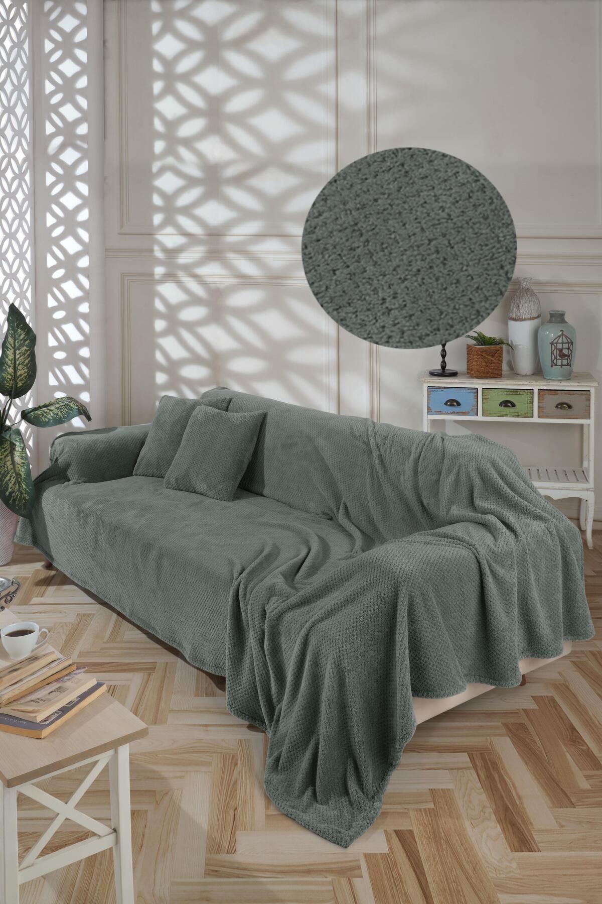 Wellsoft Koltuk Örtüsü Kolları Kaplayan Antrasit 180x300 2 Adet 45x45 Kırlent Kılıfı - yeşil